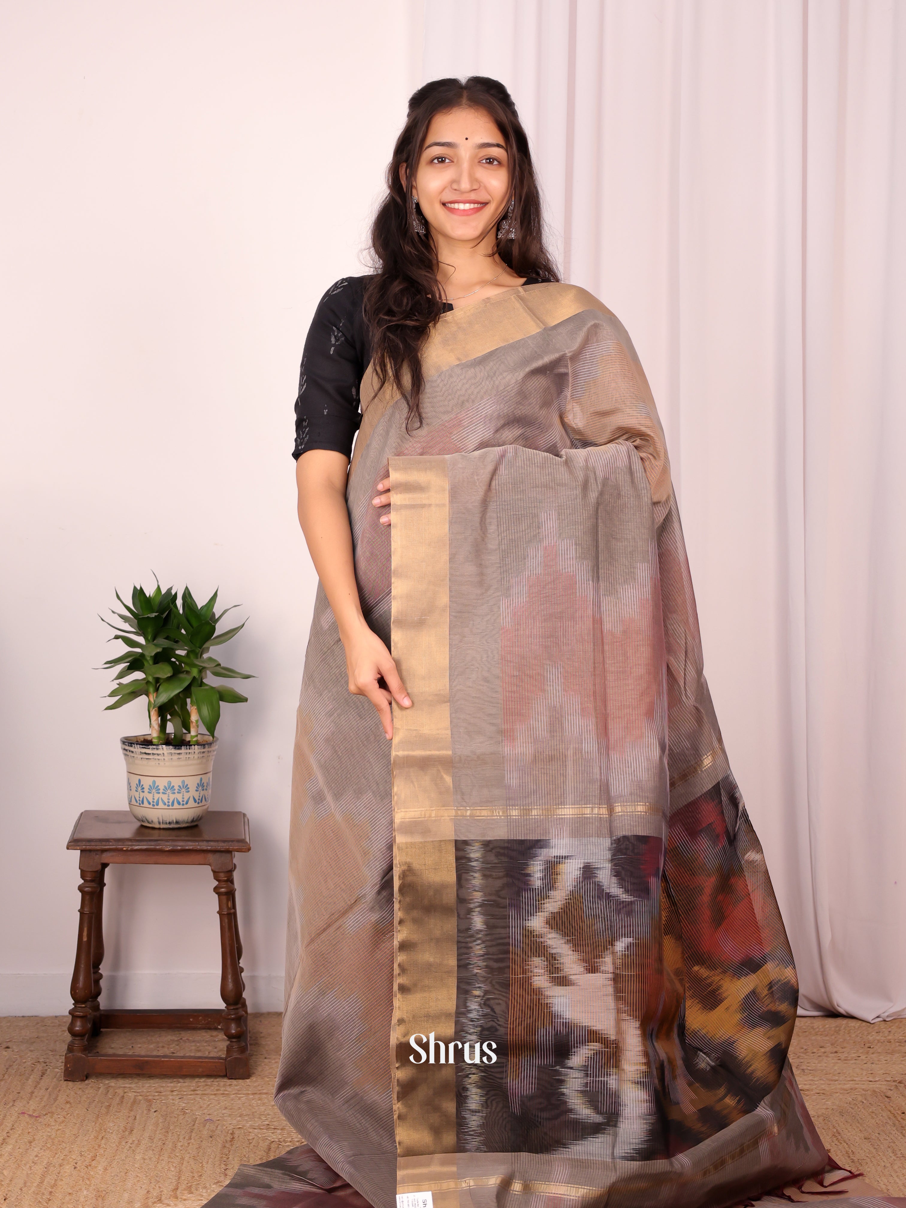 Grey - Ikkat Kora Saree - Shop on Shrus.com