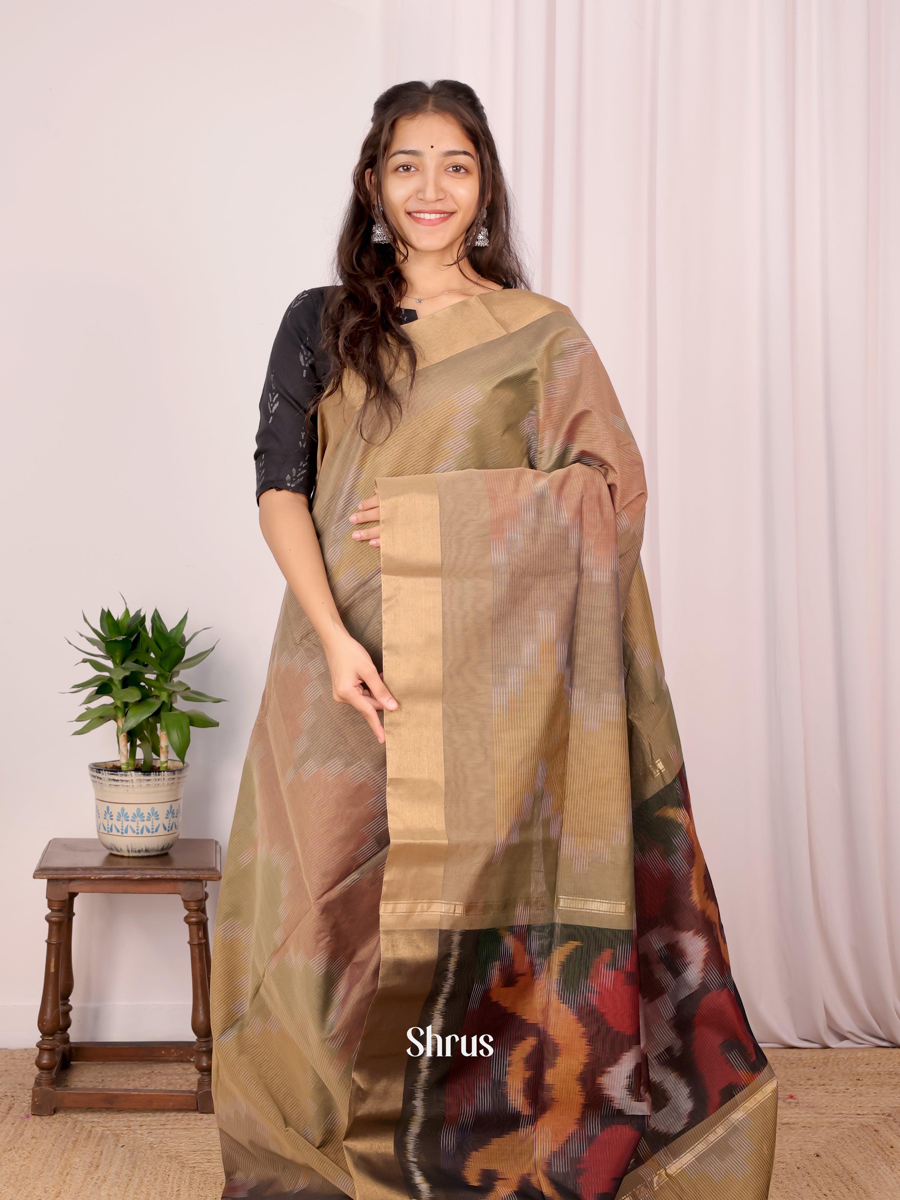 Green - Ikkat Kora Saree - Shop on Shrus.com