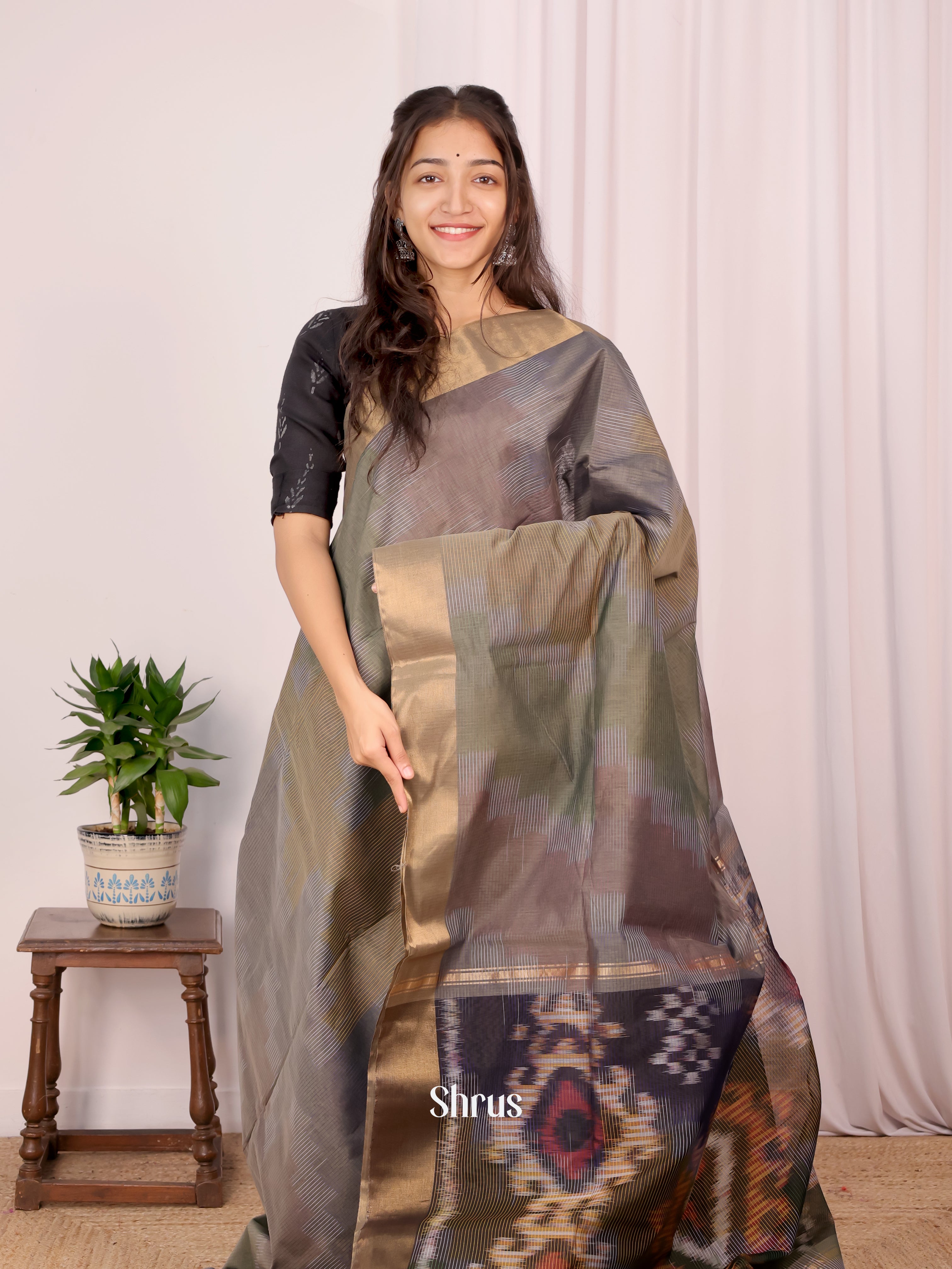 Green & Brown - Ikkat Kora Saree - Shop on Shrus.com