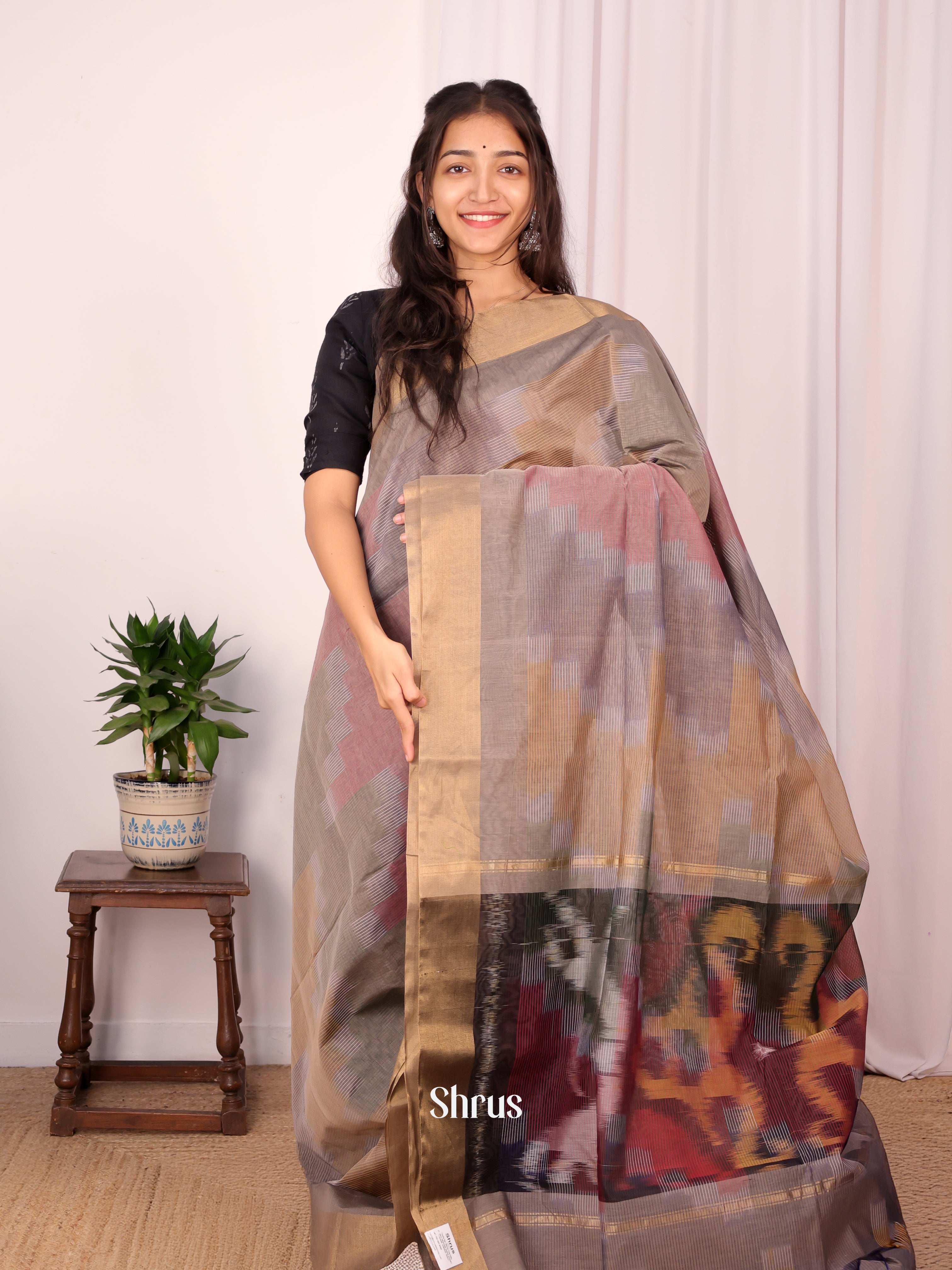 Grey - Ikkat Kora Saree - Shop on Shrus.com