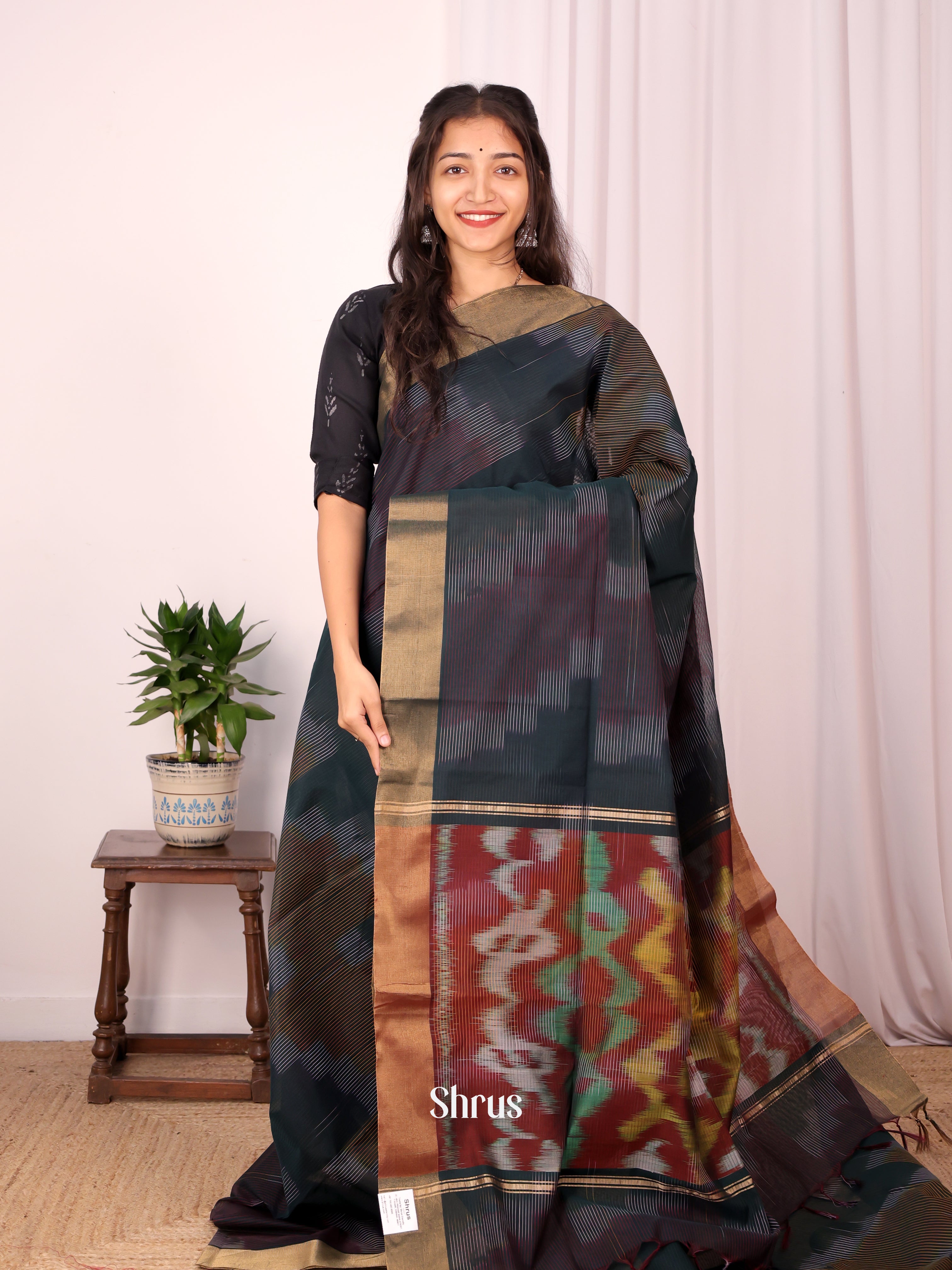 Green & Purple - Ikkat Kora Saree - Shop on Shrus.com