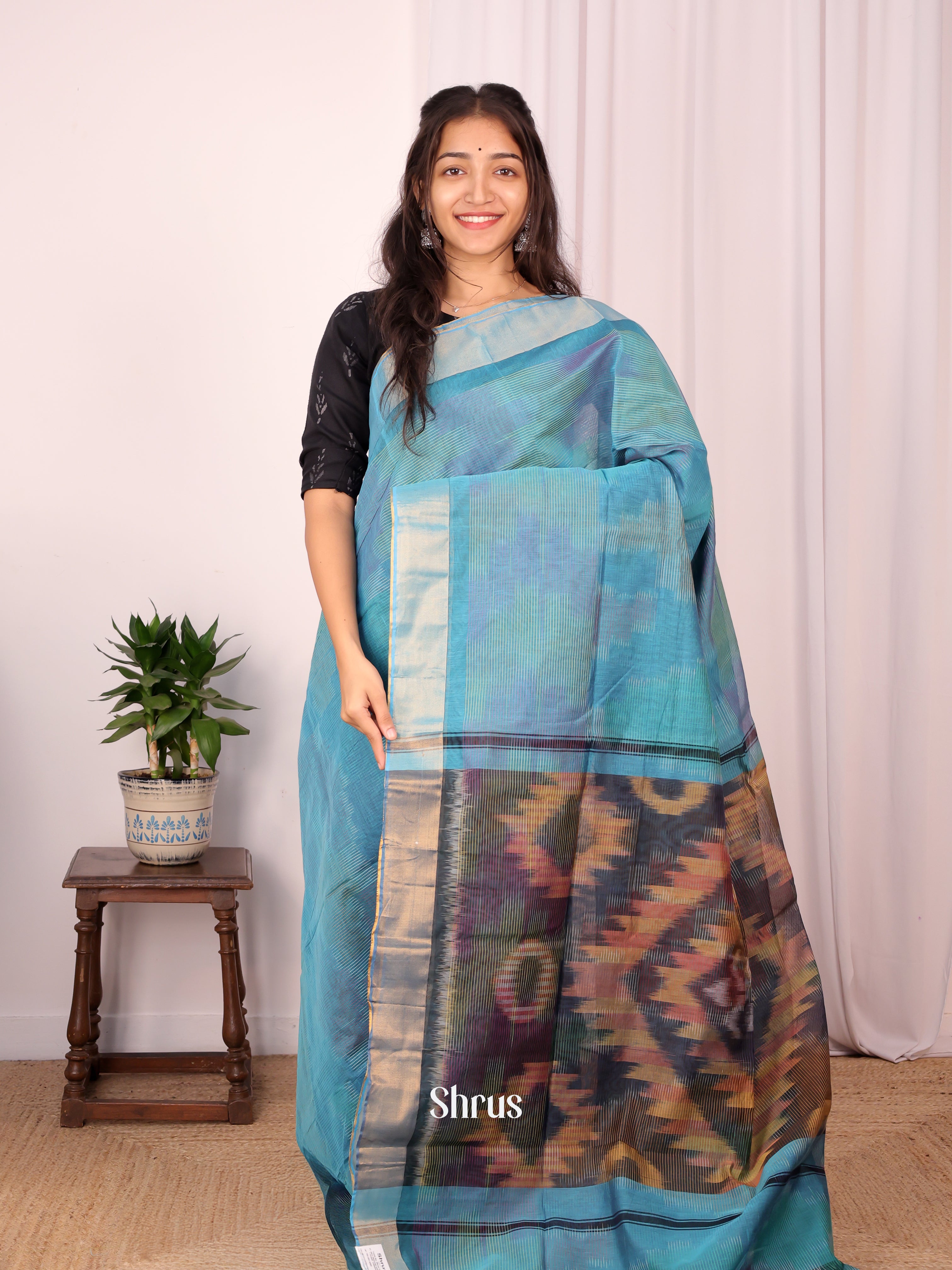 Teal - Ikkat Kora Saree - Shop on Shrus.com