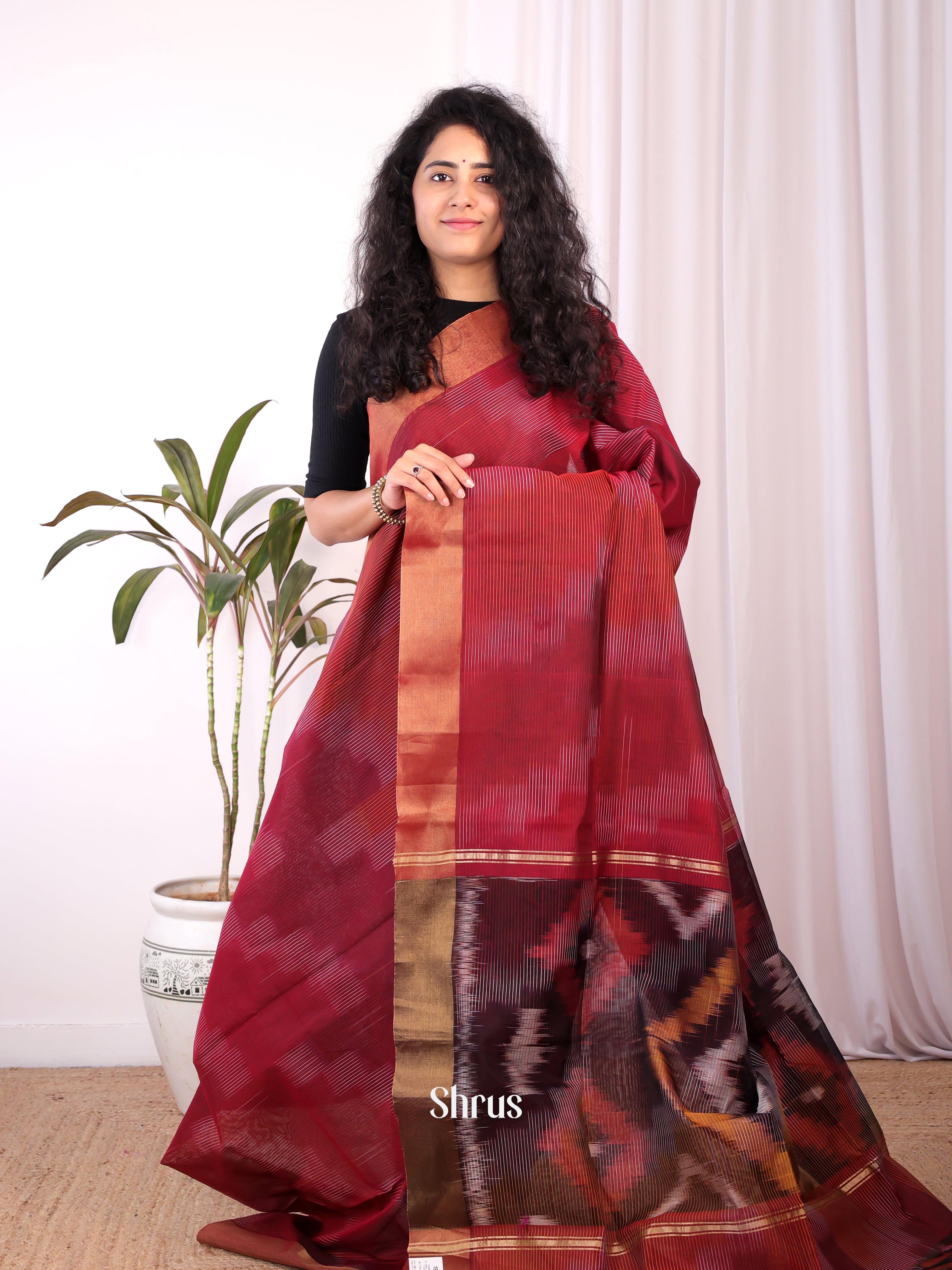 Maroon - Ikkat Kora Saree - Shop on Shrus.com