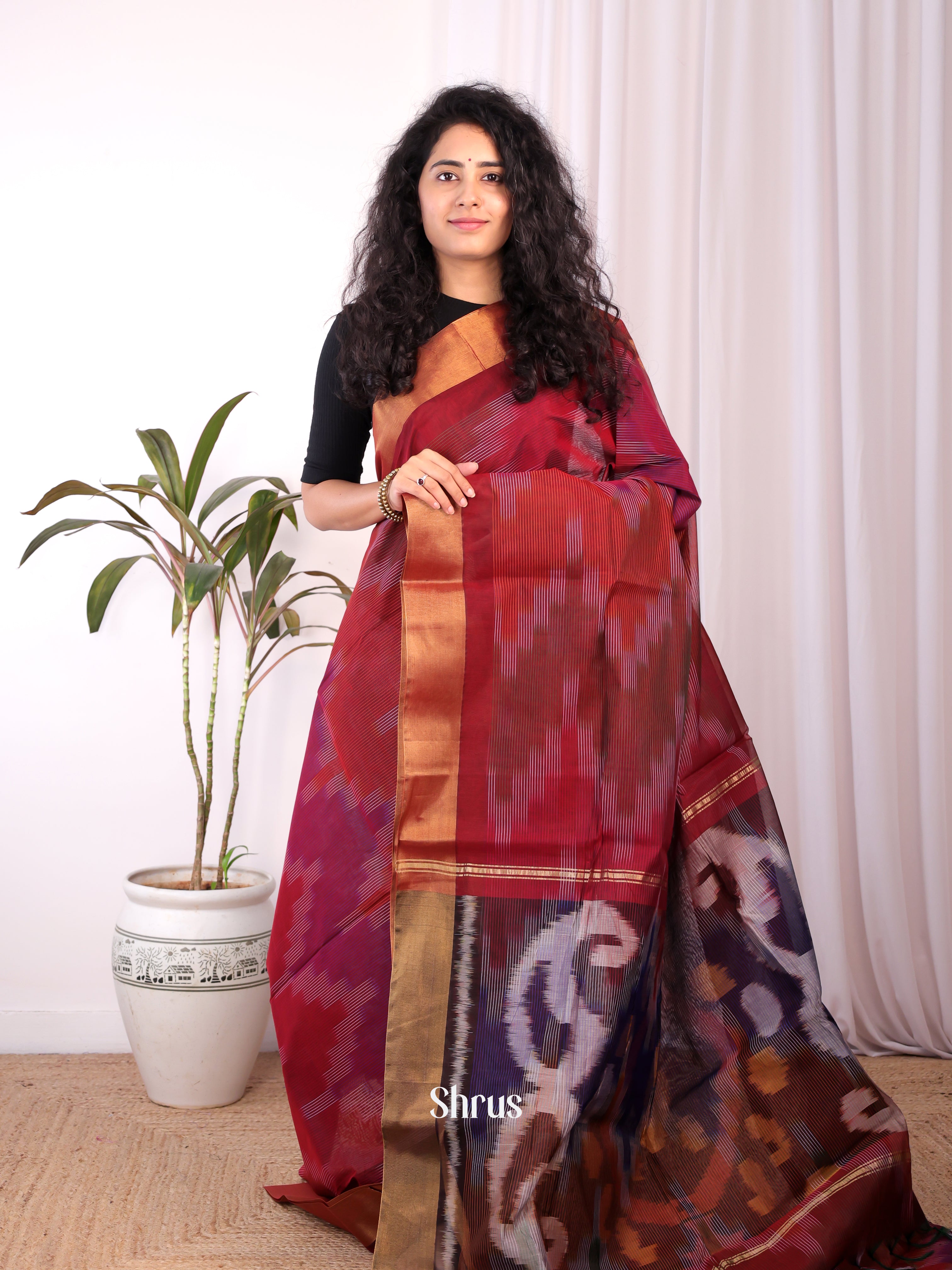 Maroon & Brown - Ikkat Kora Saree - Shop on Shrus.com
