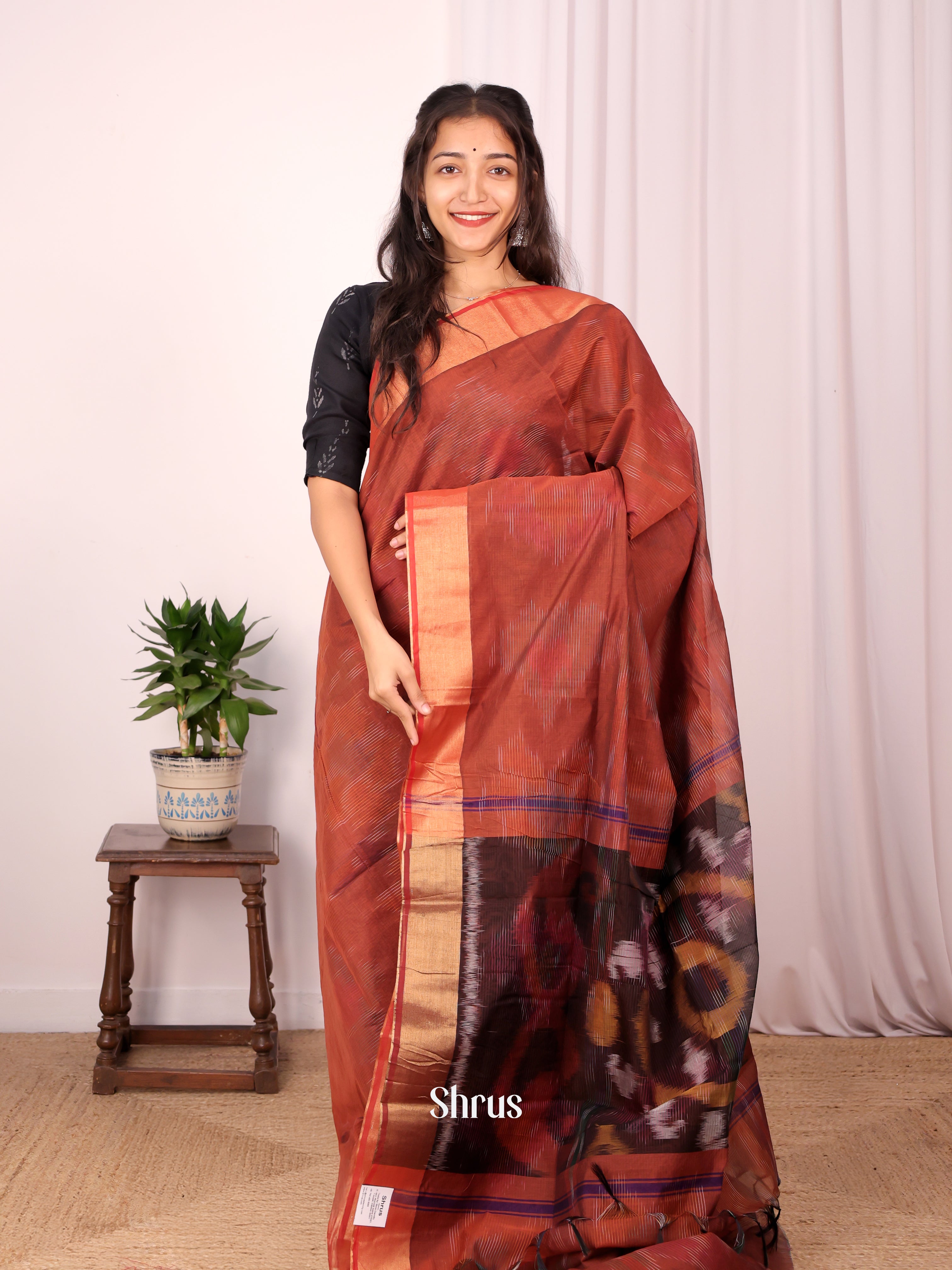 Brick - Ikkat Kora Saree - Shop on Shrus.com