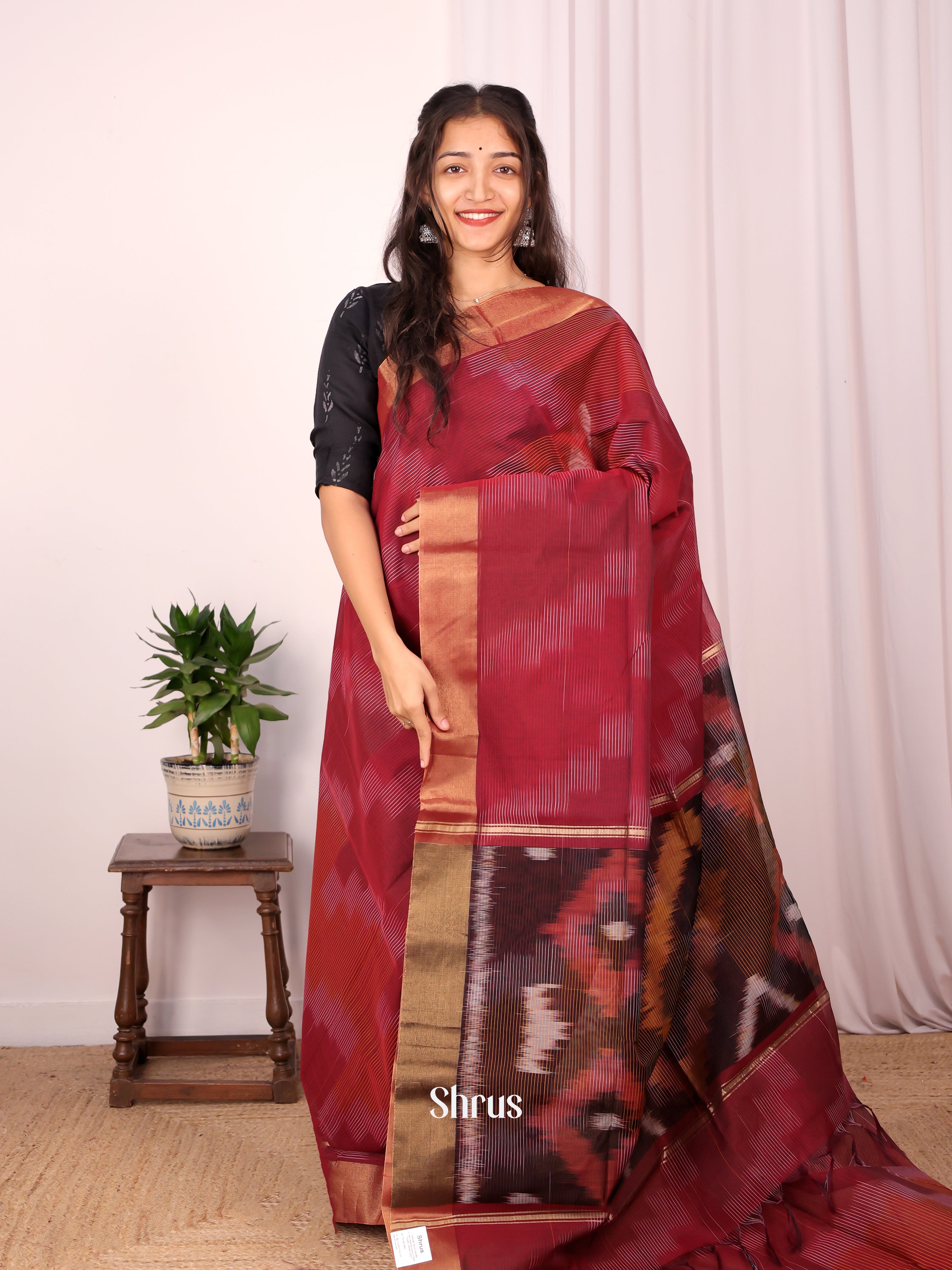 Maroon - Ikkat Kora Saree - Shop on Shrus.com