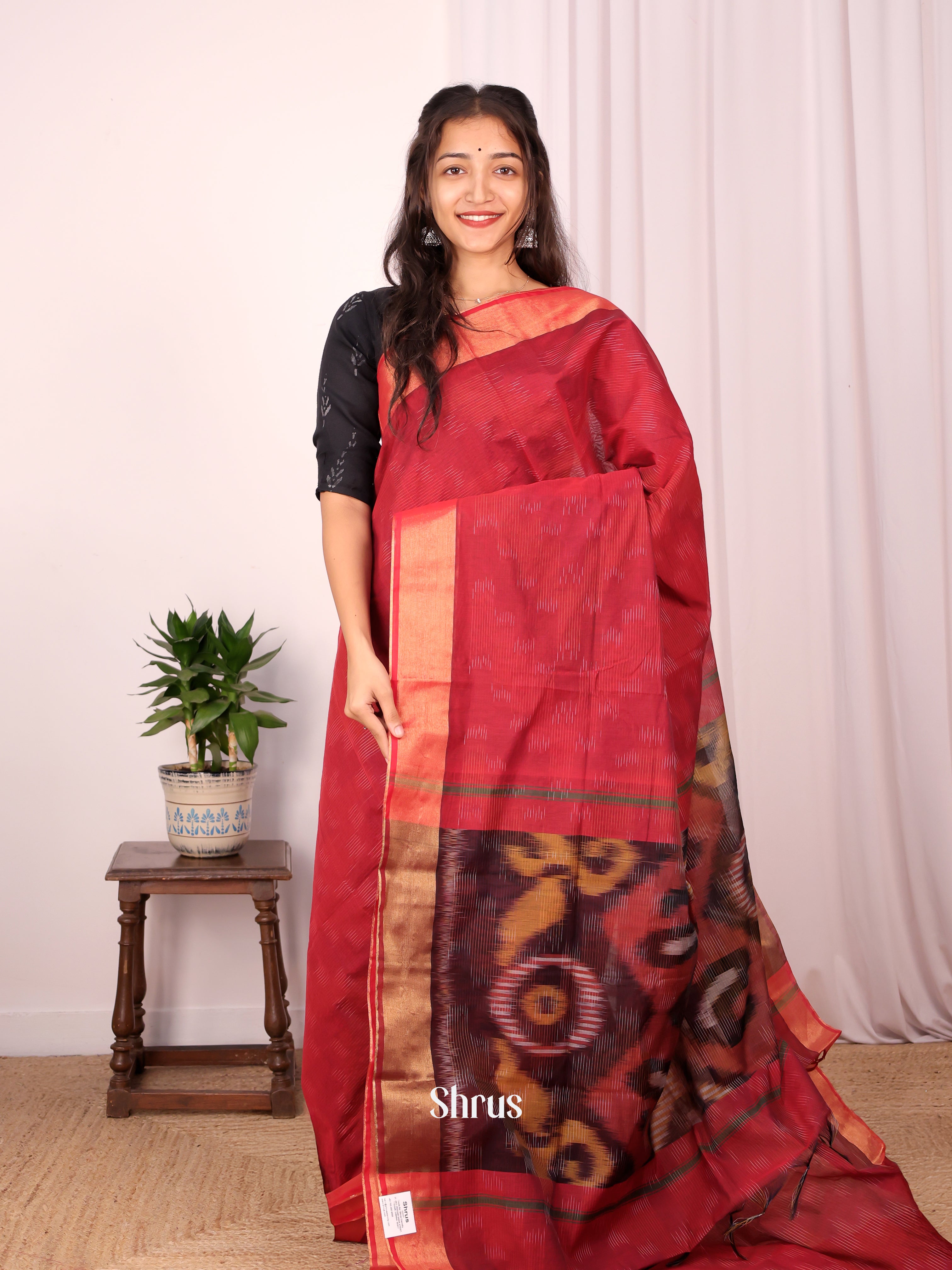 Red & Brown - Ikkat Kora Saree - Shop on Shrus.com