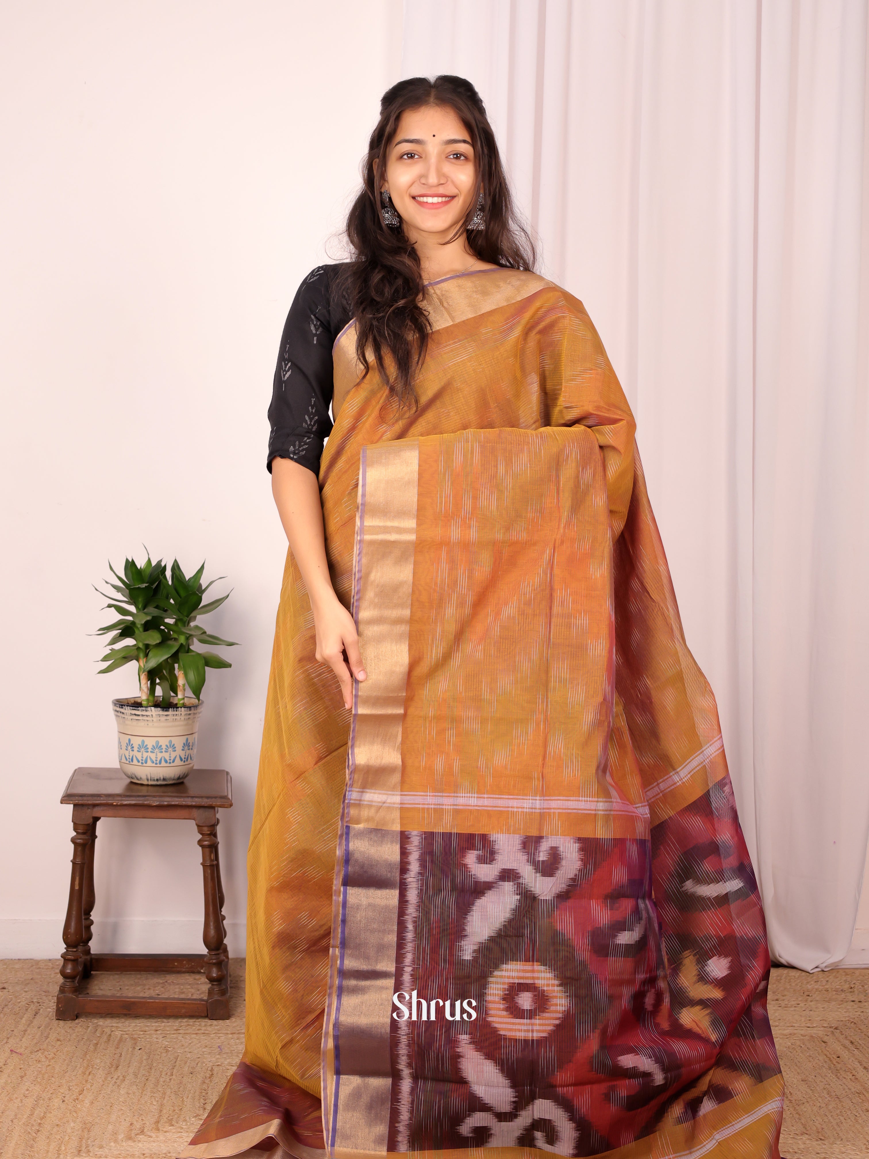 Mustard & Brown - Ikkat Kora Saree - Shop on Shrus.com