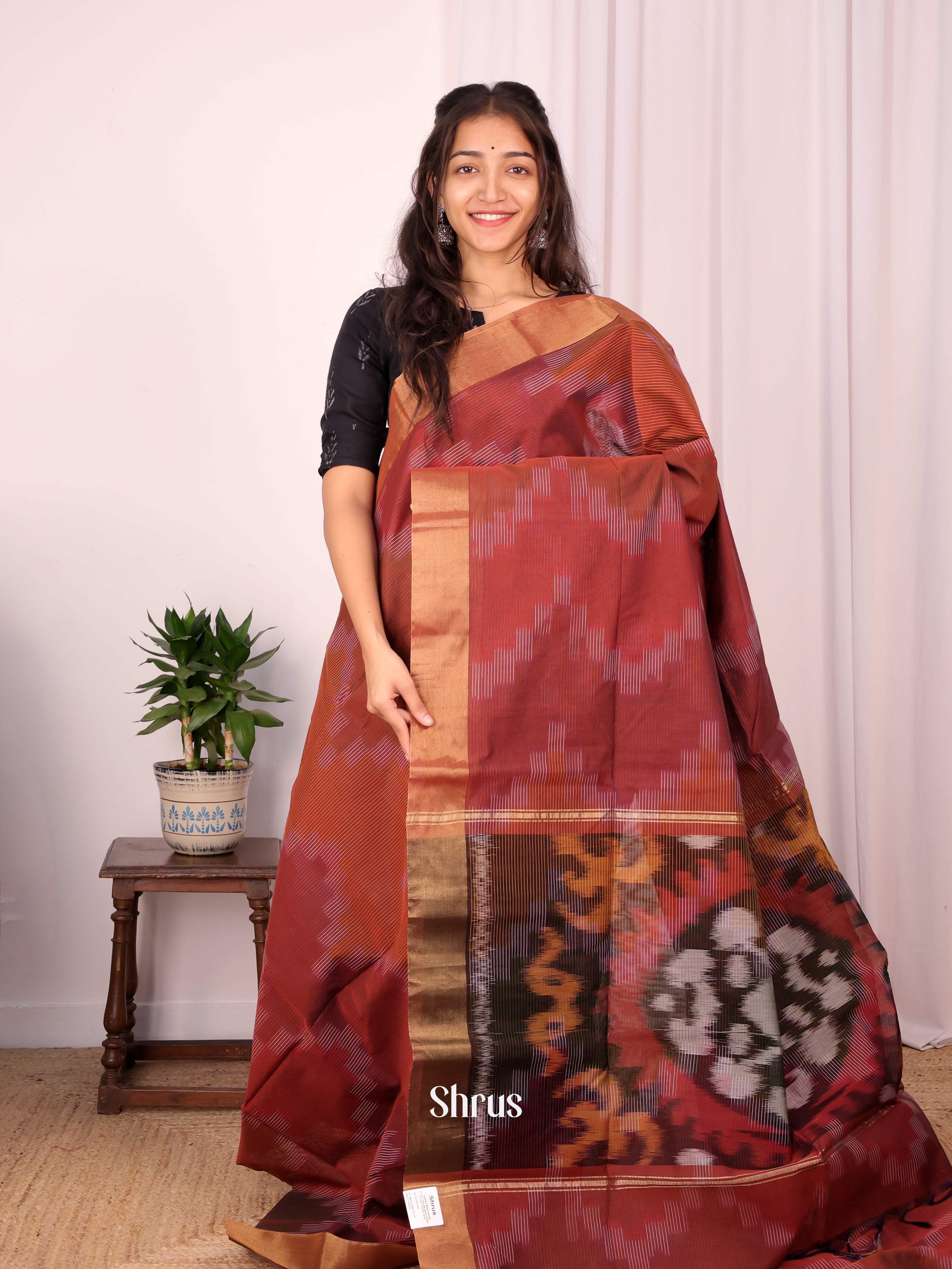 Brown - Ikkat Kora Saree - Shop on Shrus.com