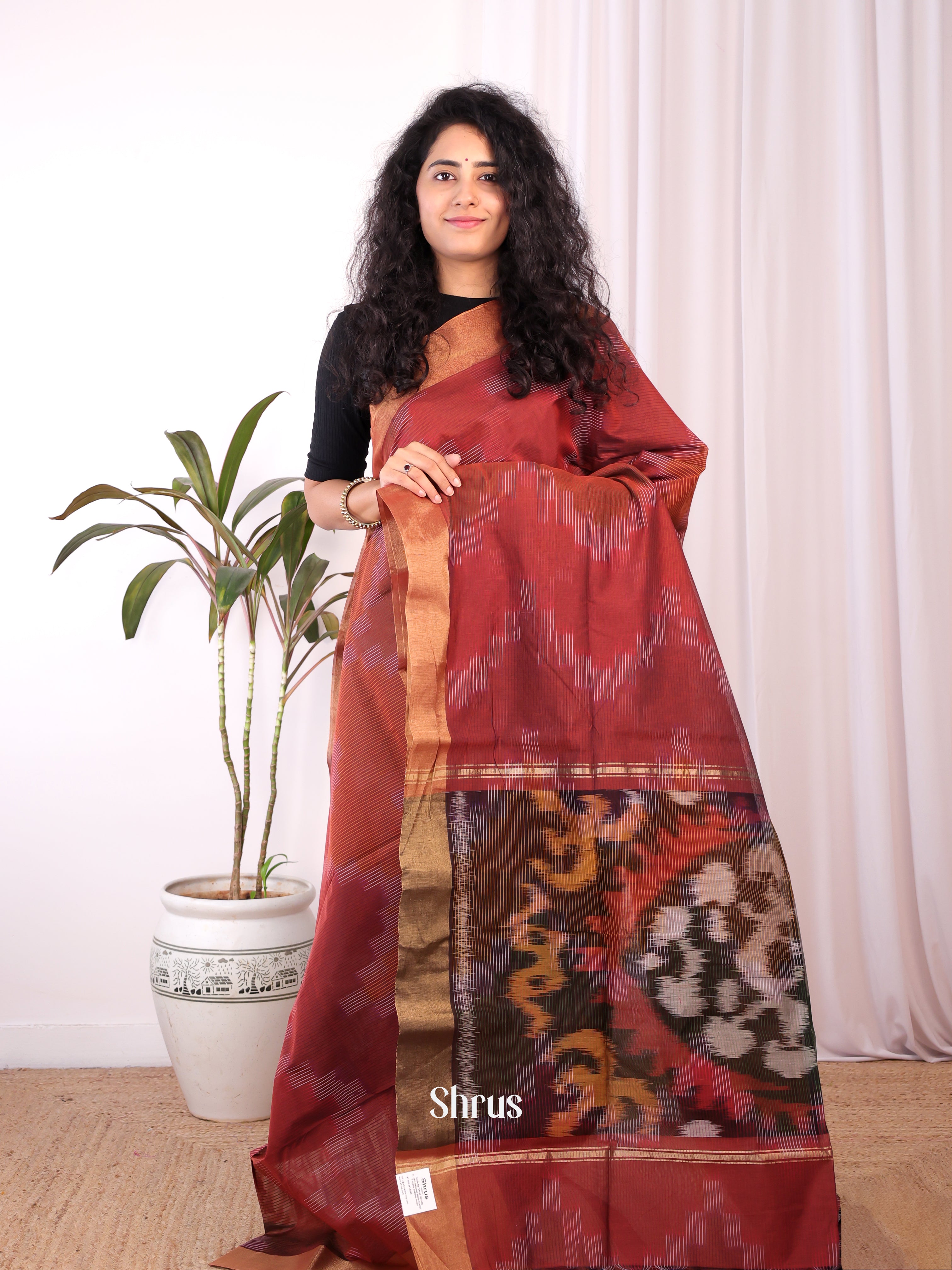 Maroon & Brown - Ikkat Kora Saree - Shop on Shrus.com