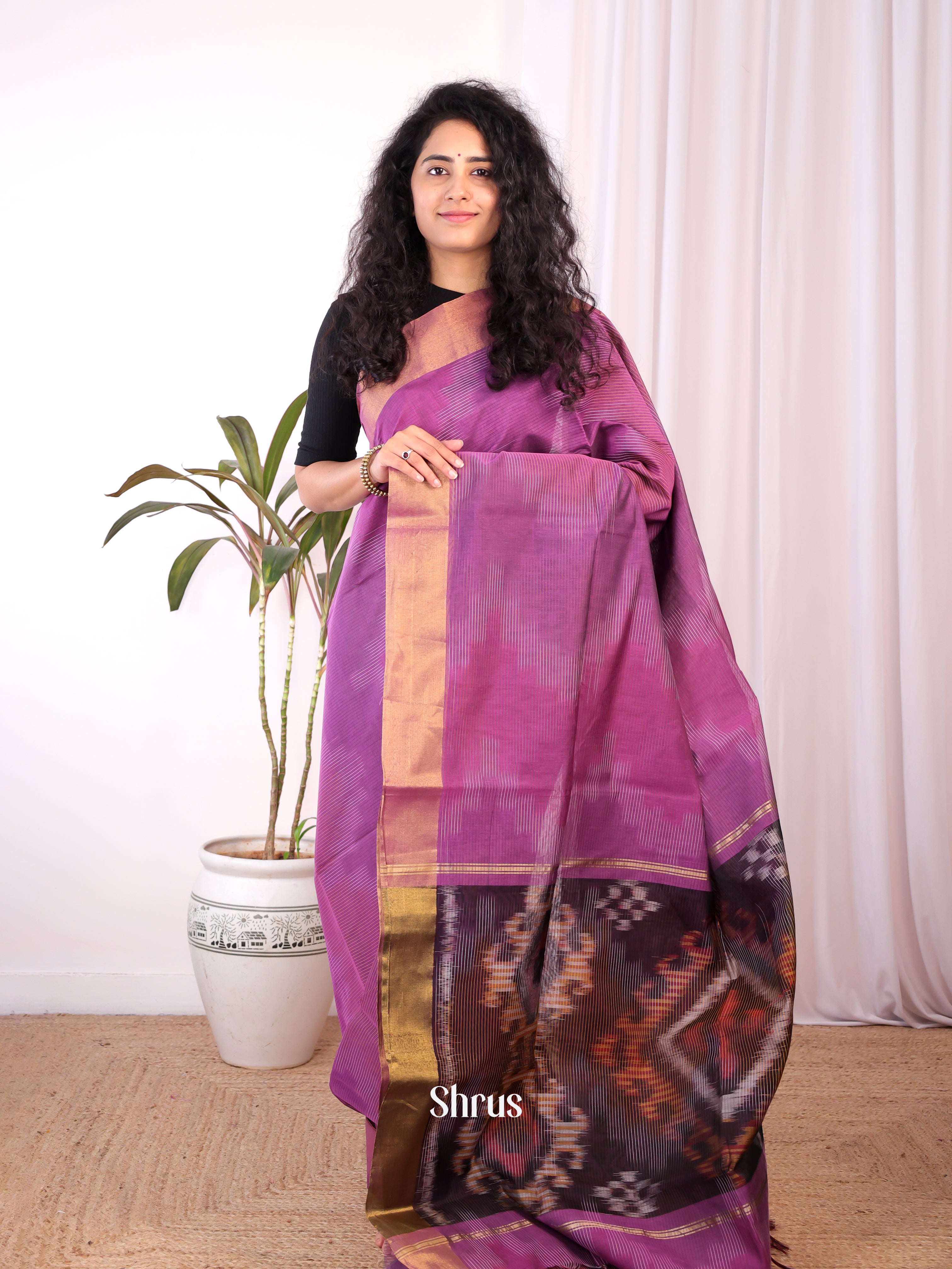 Purple- Ikkat Kora Saree - Shop on Shrus.com