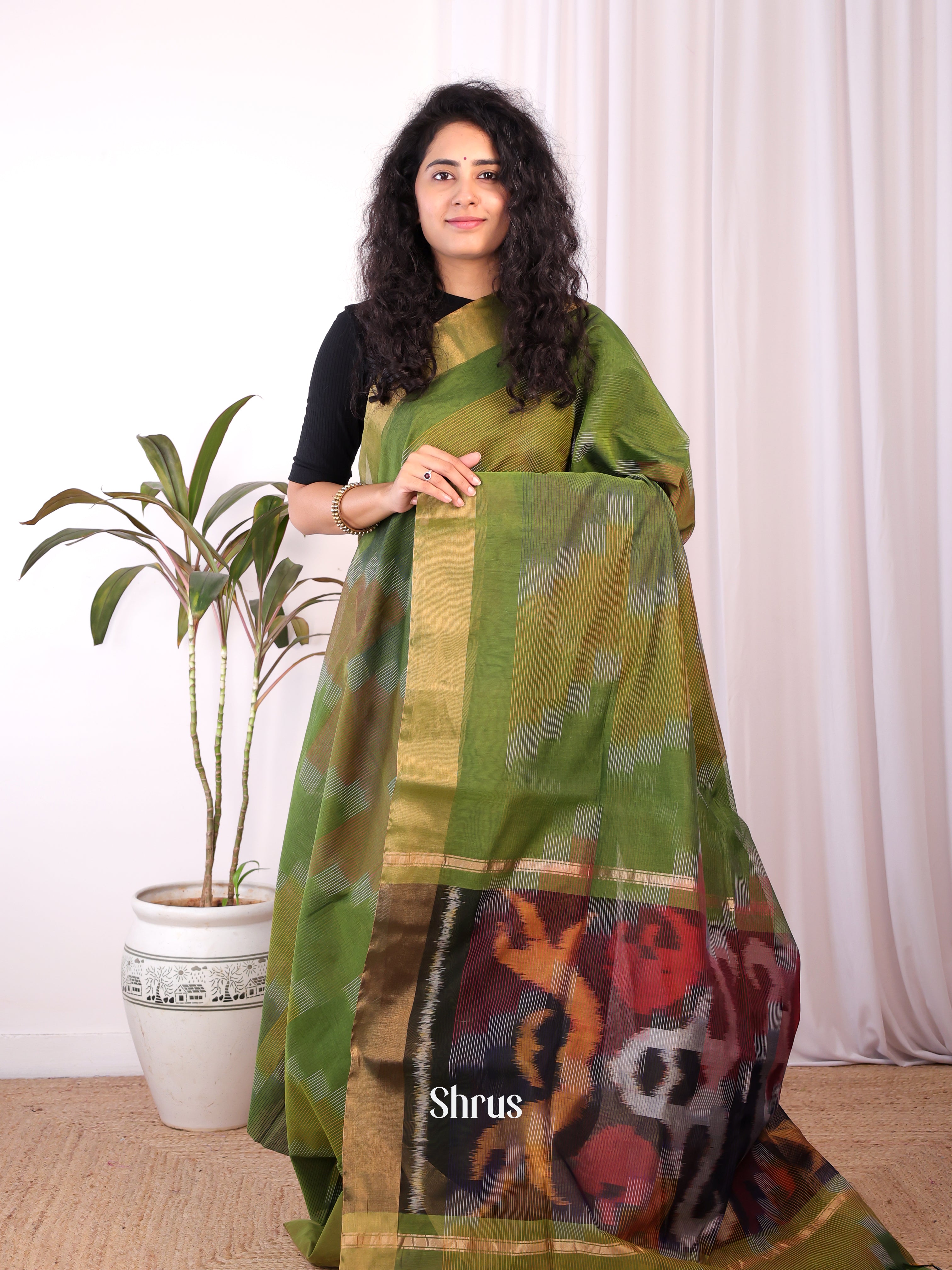Green & Brown - Ikkat Kora Saree - Shop on Shrus.com