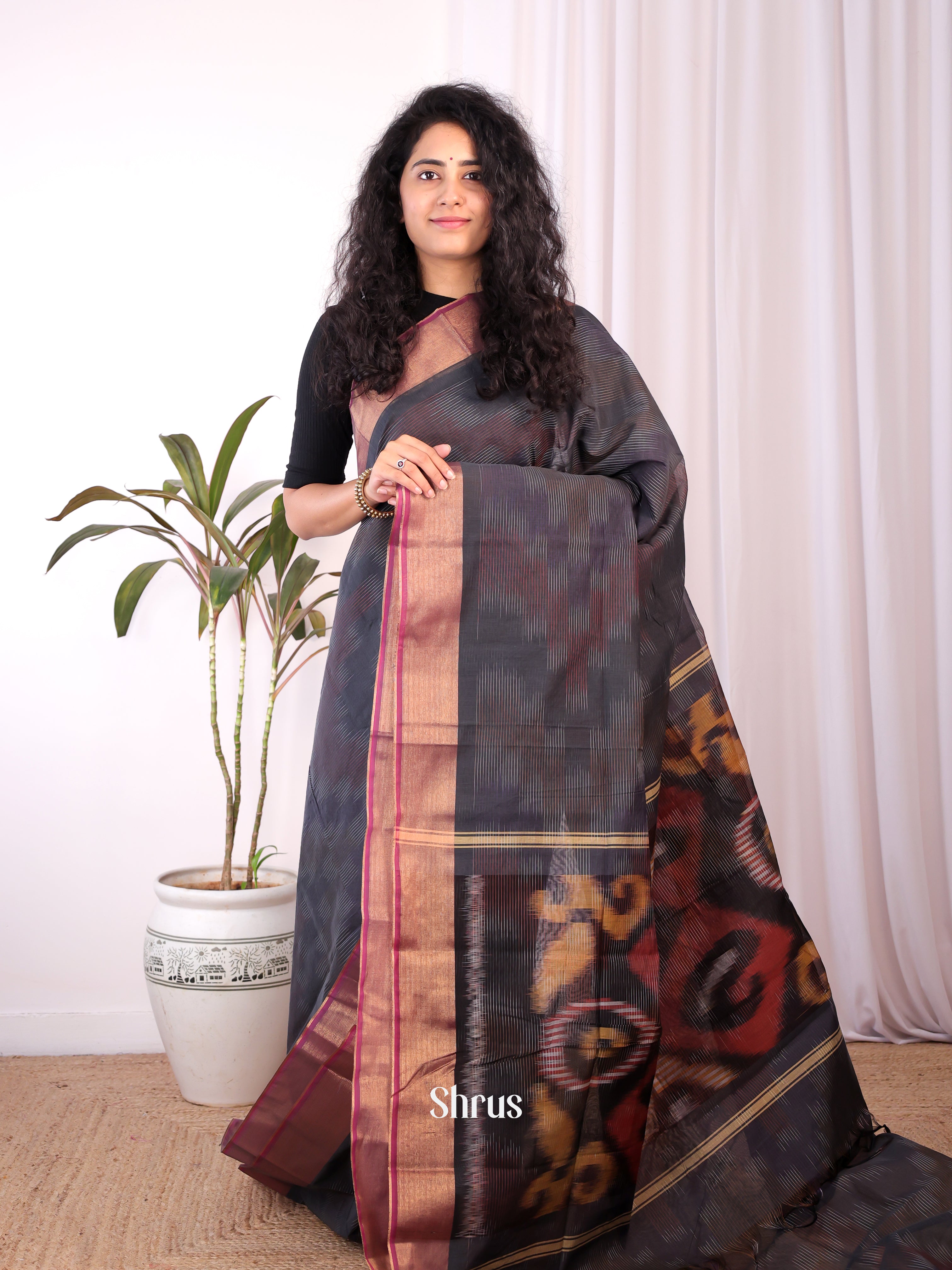 Elephant Black - Ikkat Kora Saree - Shop on Shrus.com