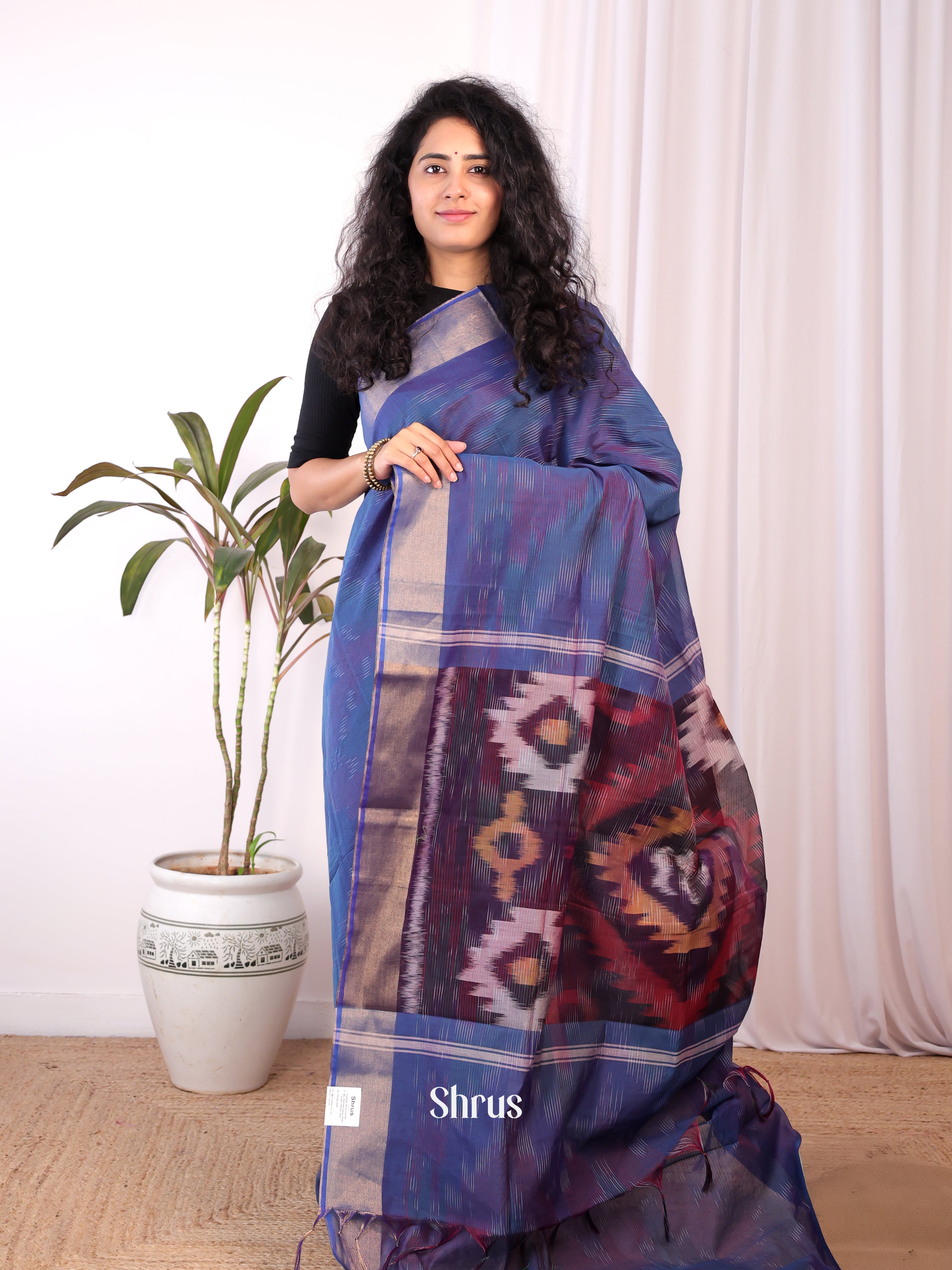 Blue & Purple - Ikkat Kora Saree - Shop on Shrus.com
