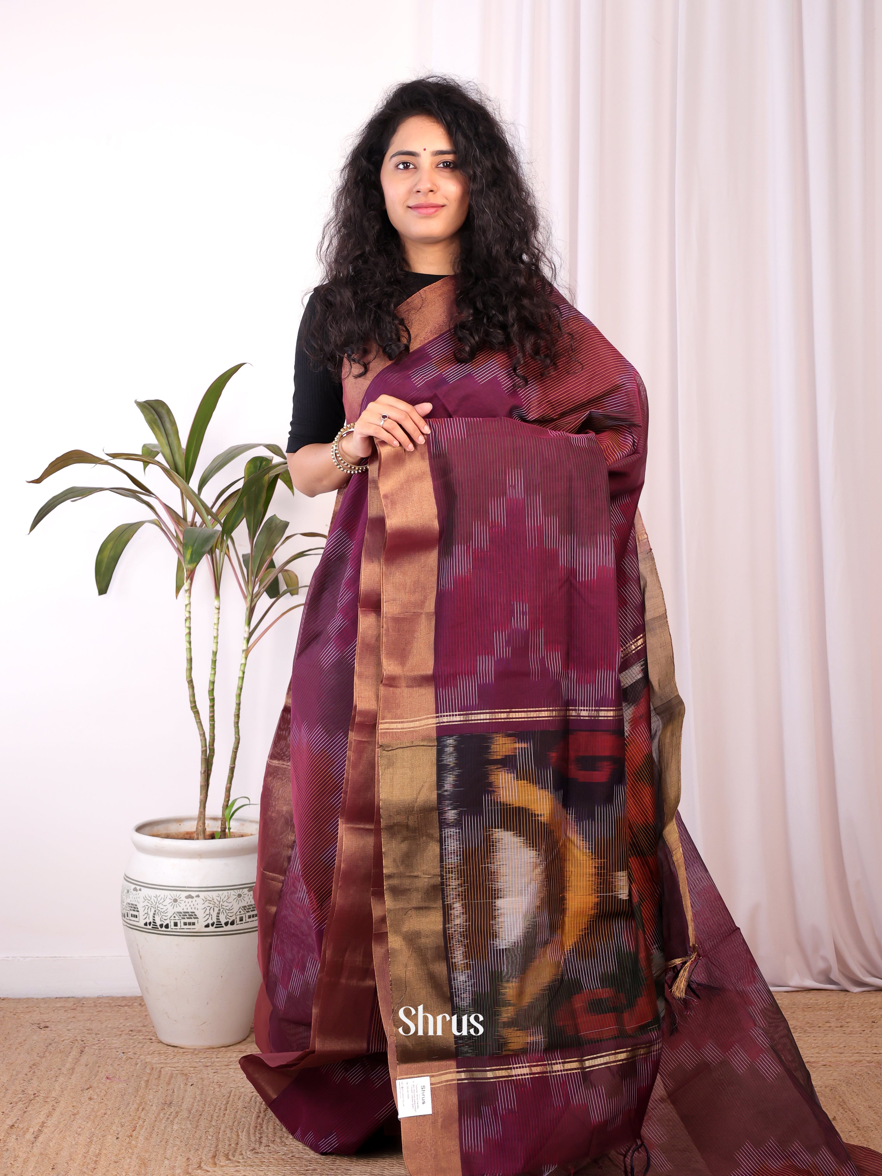 Maroon & Brown- Ikkat Kora Saree - Shop on Shrus.com