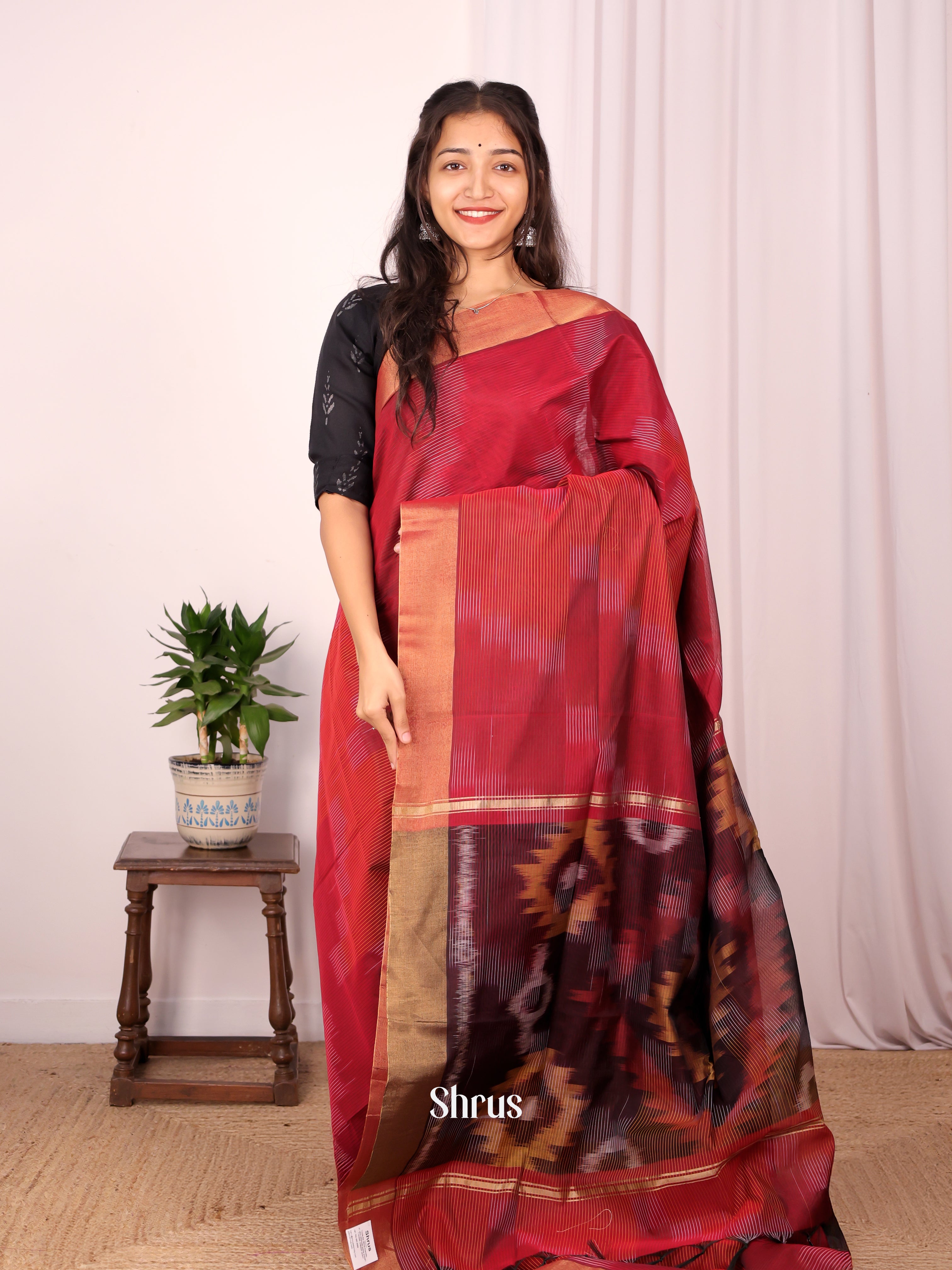 Red - Ikkat Kora Saree - Shop on Shrus.com
