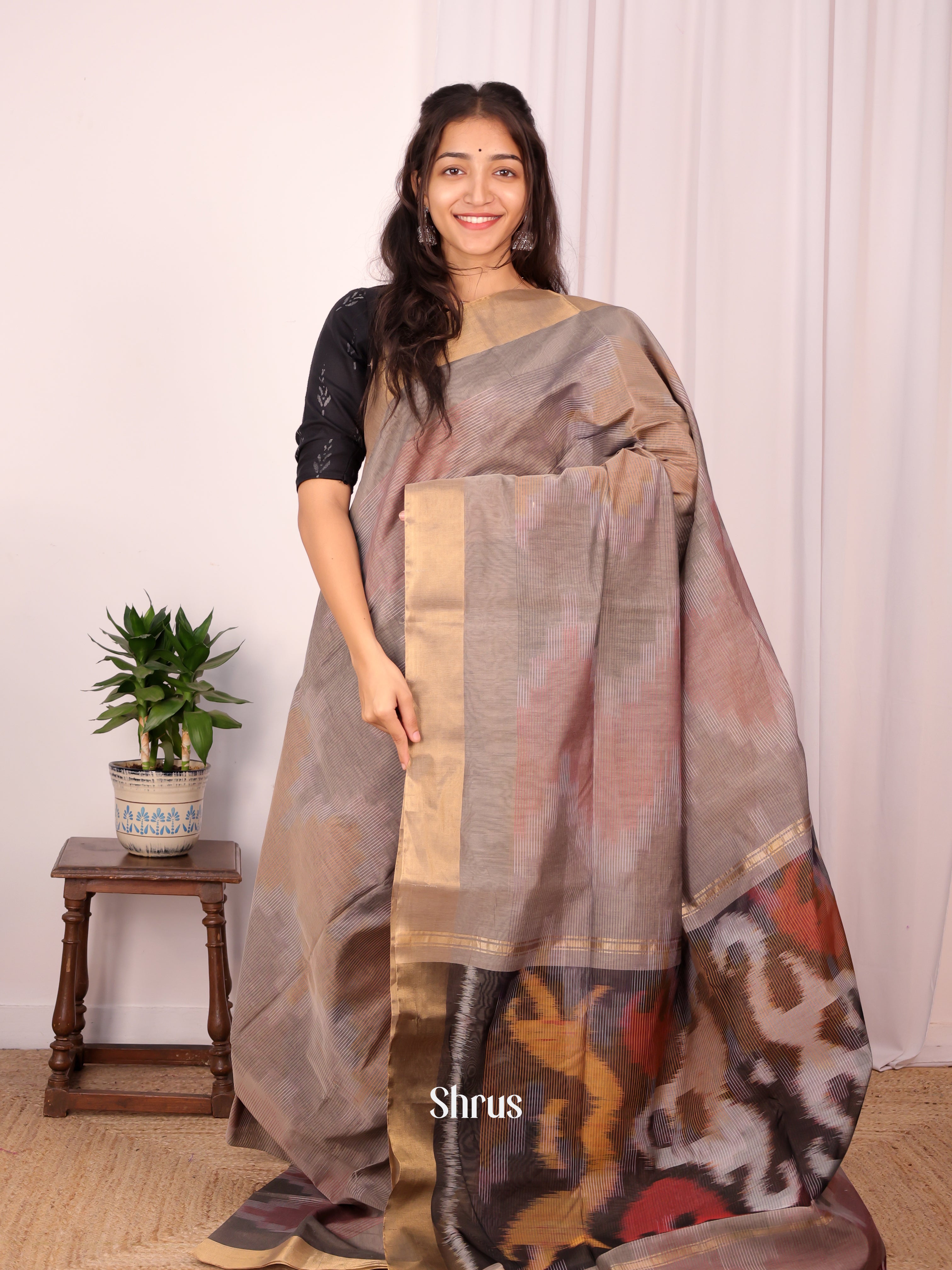 Grey - Ikkat Kora Saree - Shop on Shrus.com