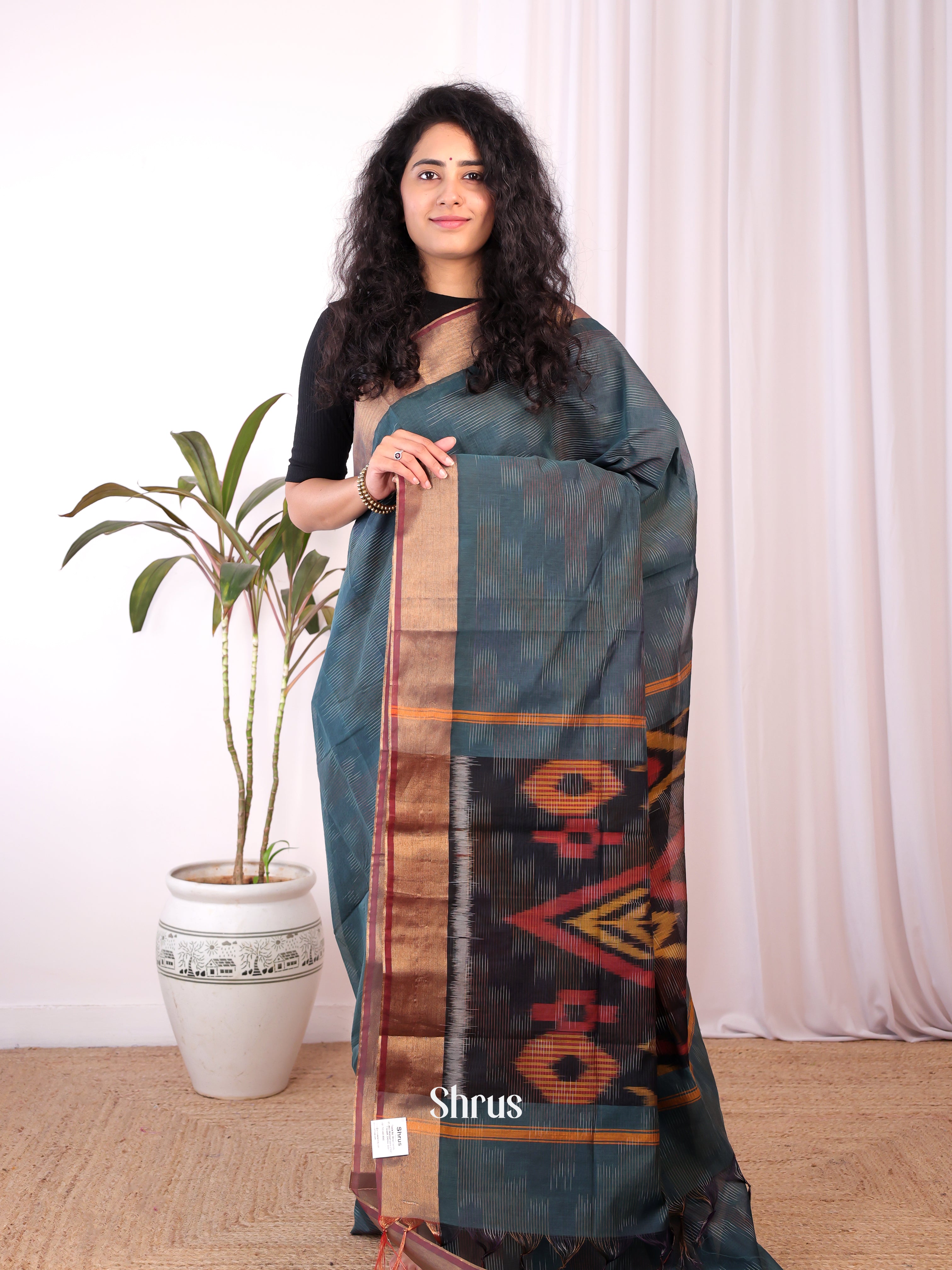 Peacock Blue- Ikkat Kora Saree - Shop on Shrus.com