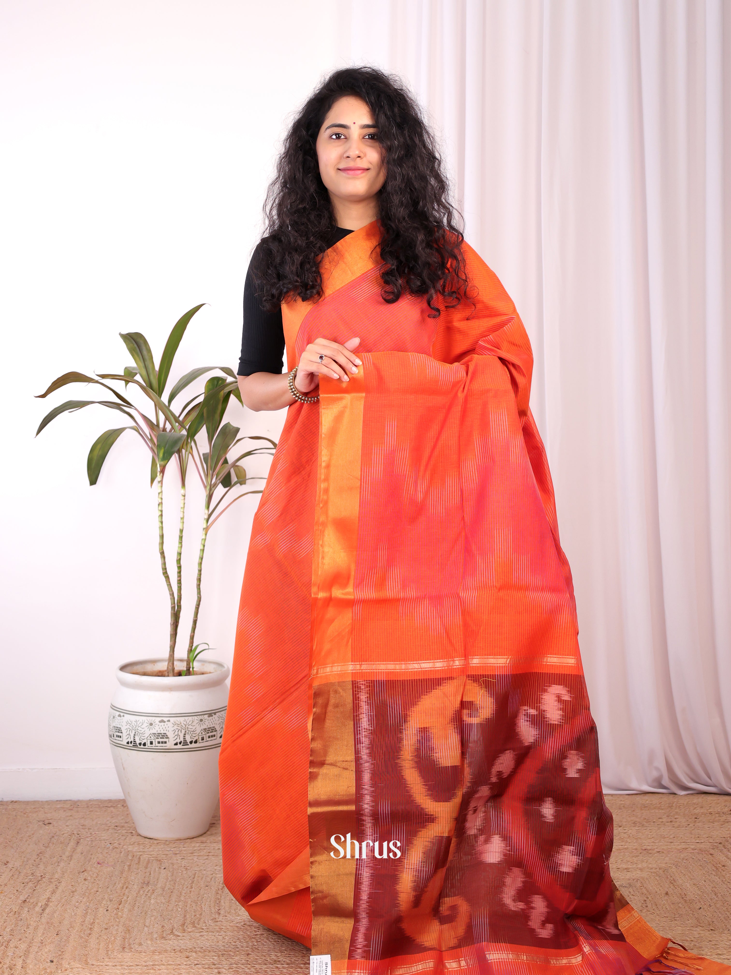Orange & Brown - Ikkat Kora Saree - Shop on Shrus.com