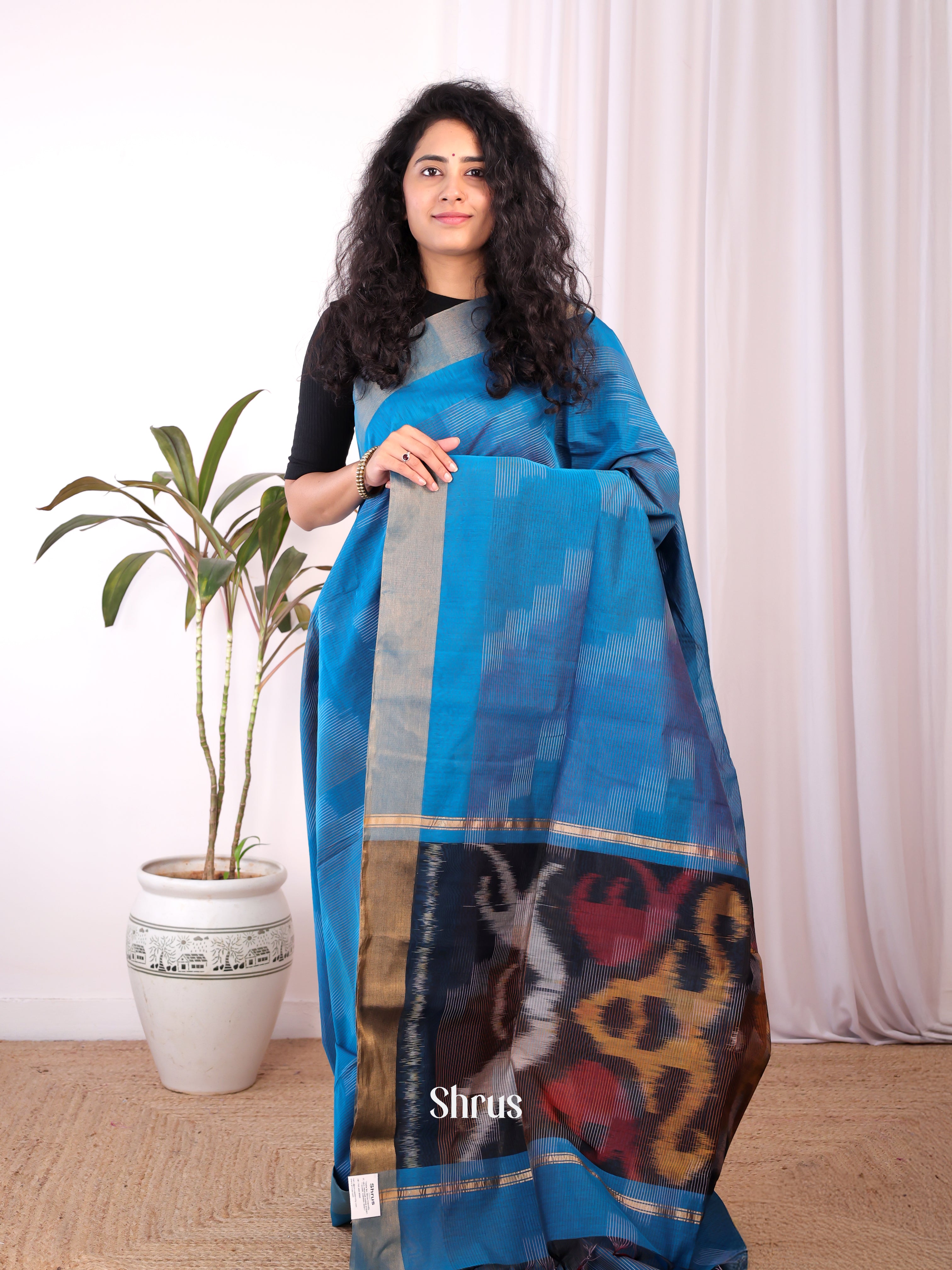 Blue - Ikkat Kora Saree - Shop on Shrus.com