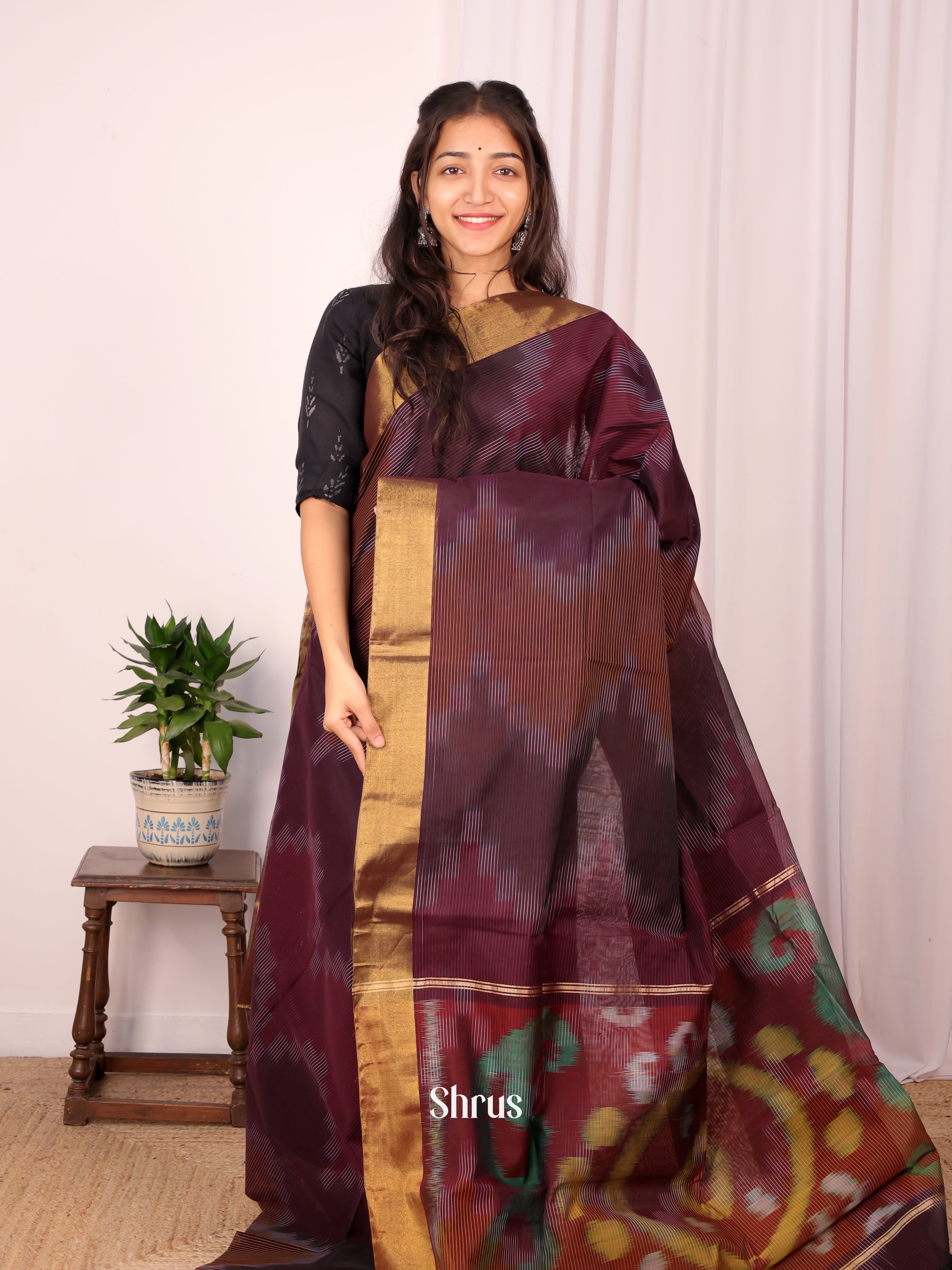 Brown & Dark Purple - Ikkat Kora Saree - Shop on Shrus.com