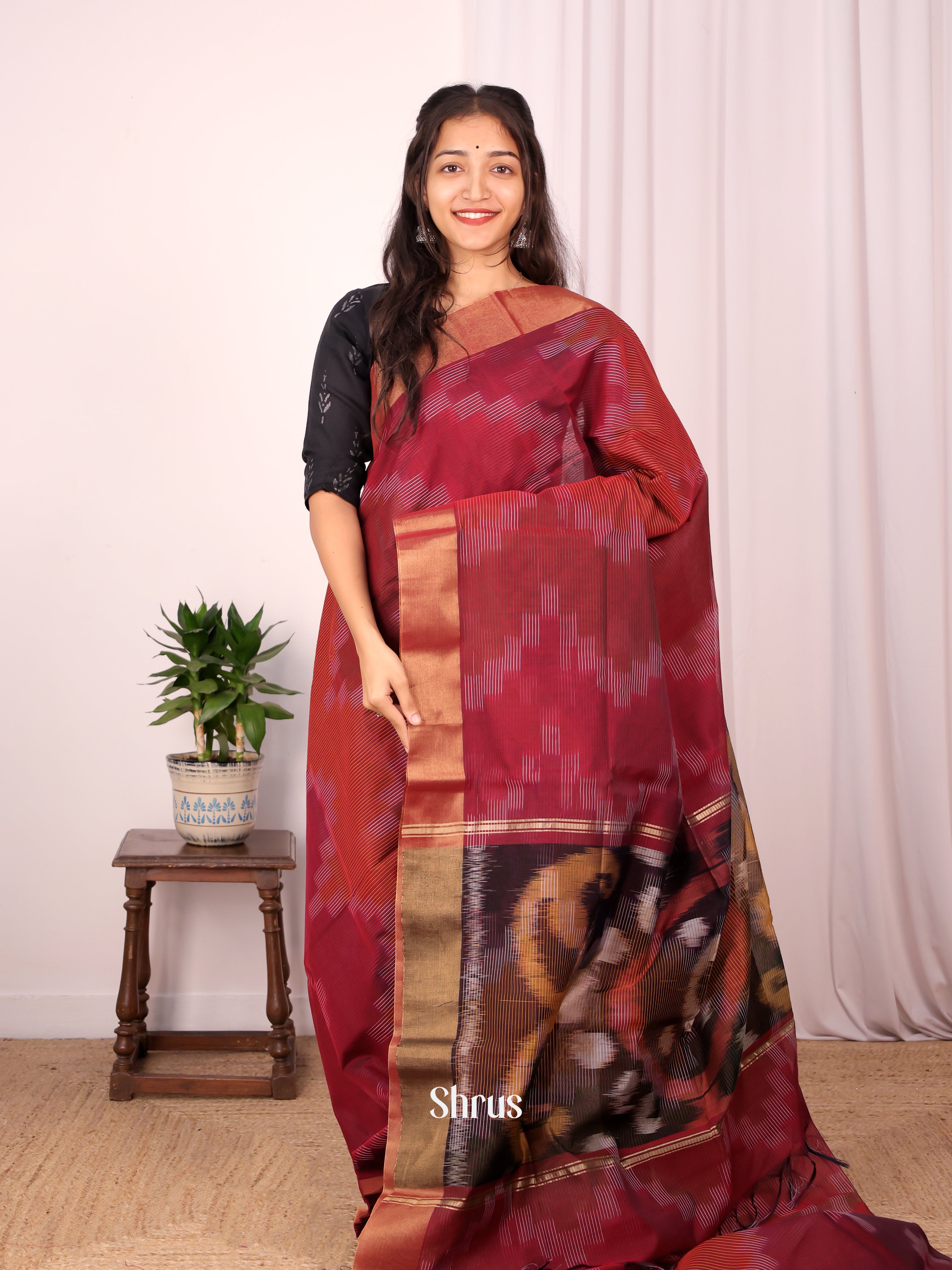 Maroon- Ikkat Kora Saree - Shop on Shrus.com