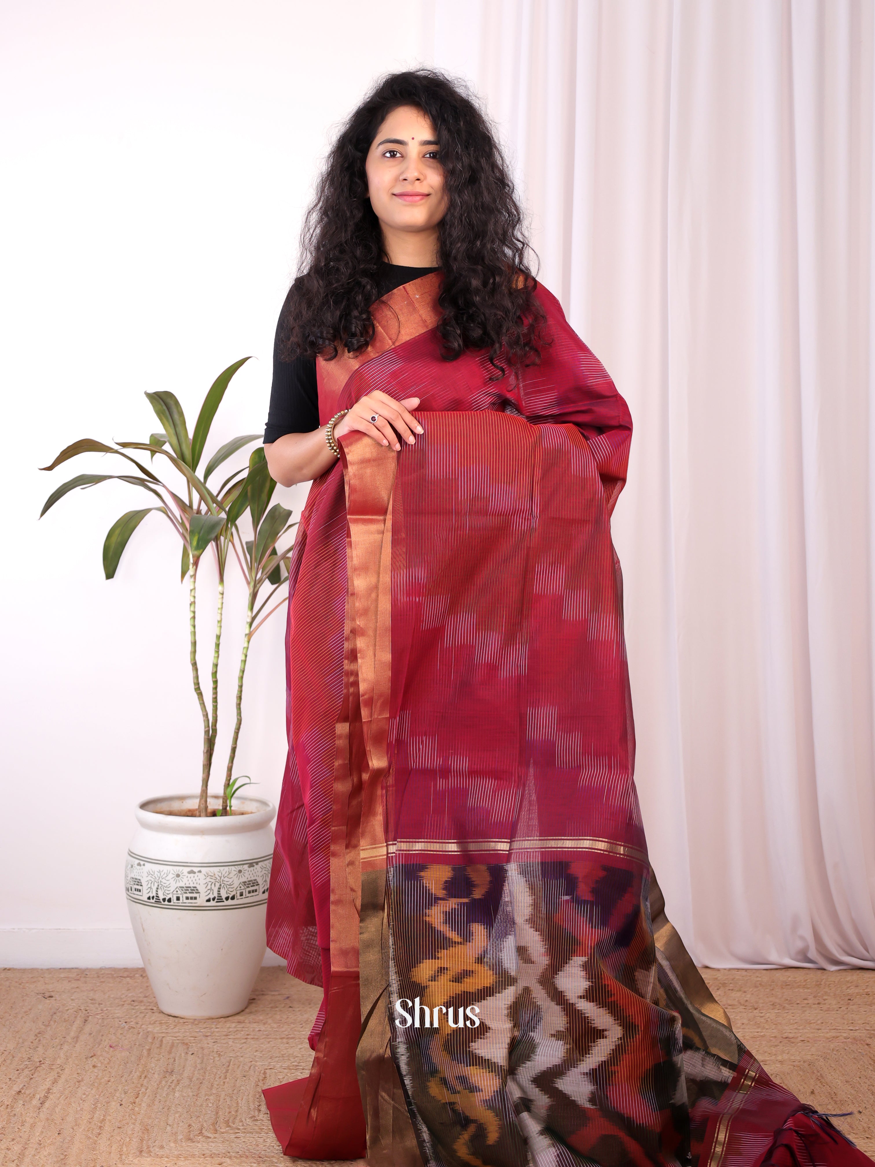 Maroon - Ikkat Kora Saree - Shop on Shrus.com