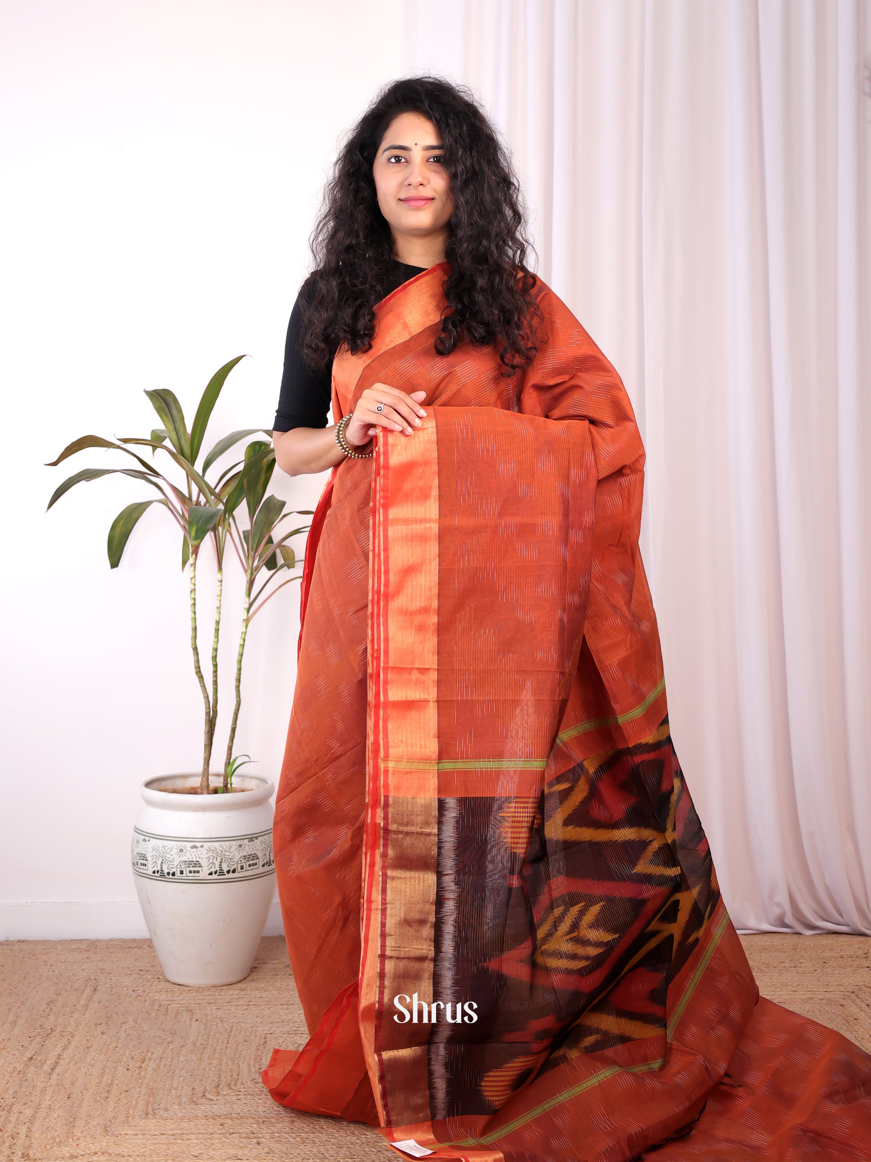 Brick - Ikkat Kora Saree - Shop on Shrus.com