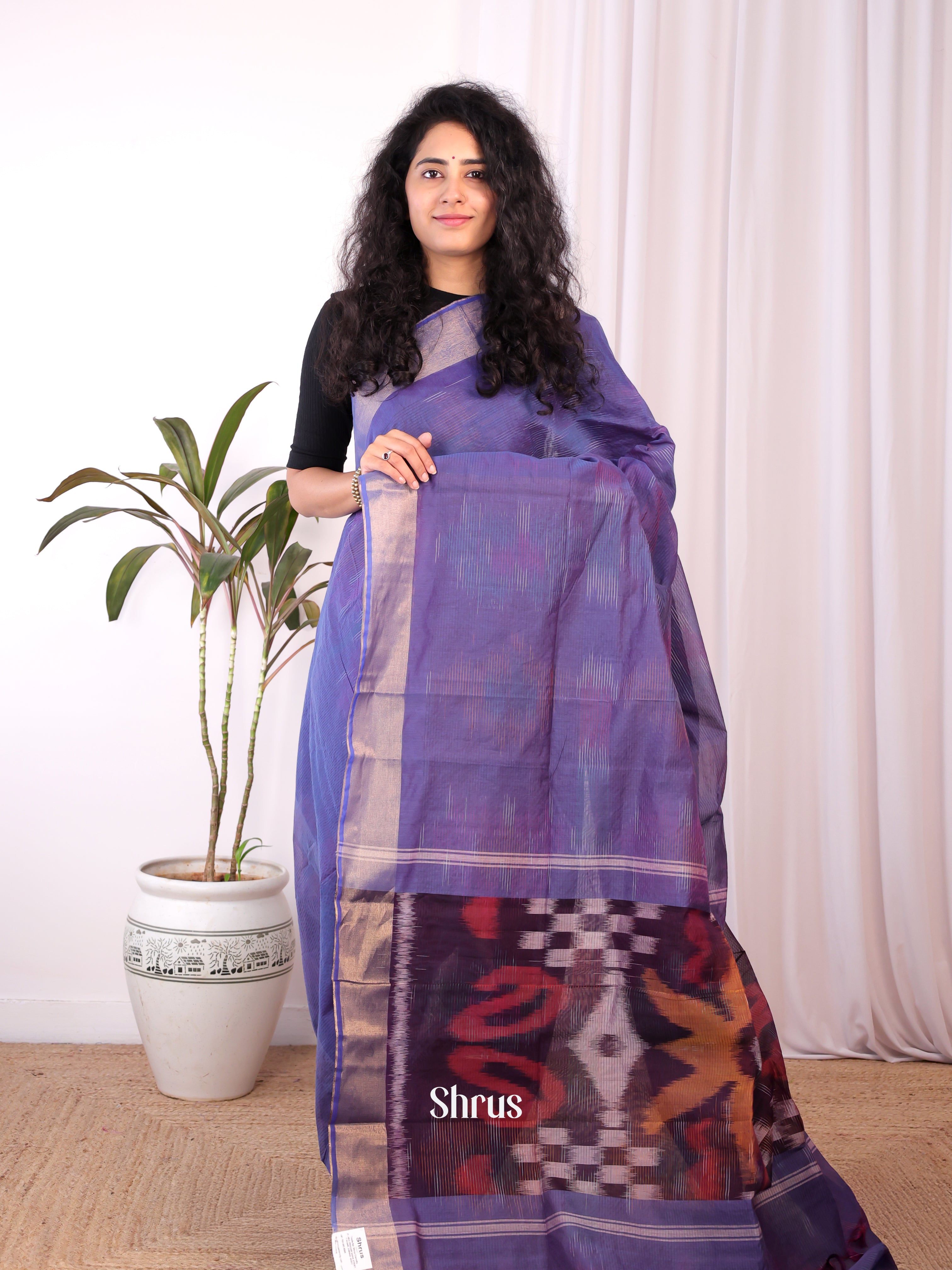 Purple - Ikkat Kora Saree - Shop on Shrus.com