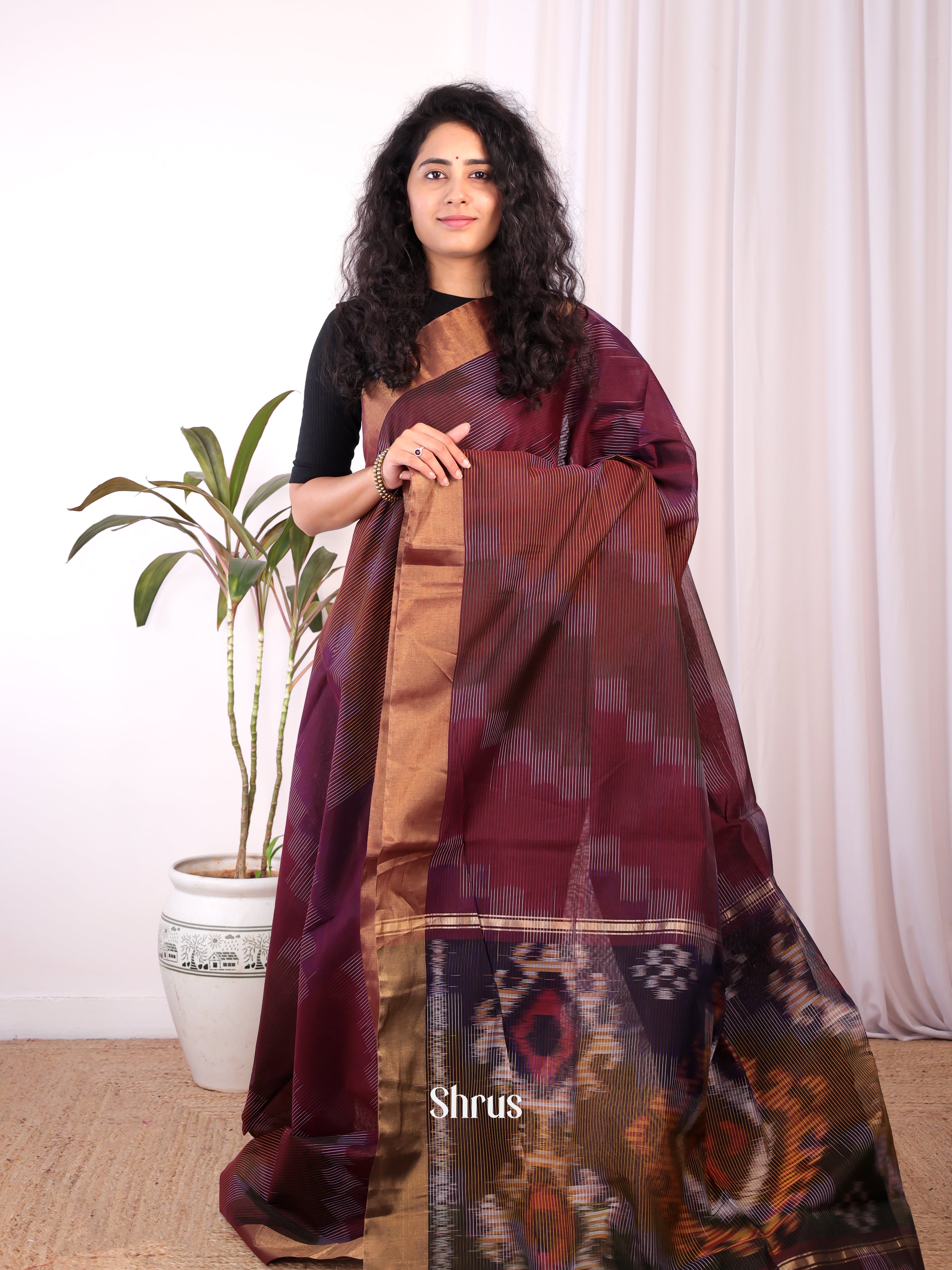 Brown - Ikkat Kora Saree - Shop on Shrus.com