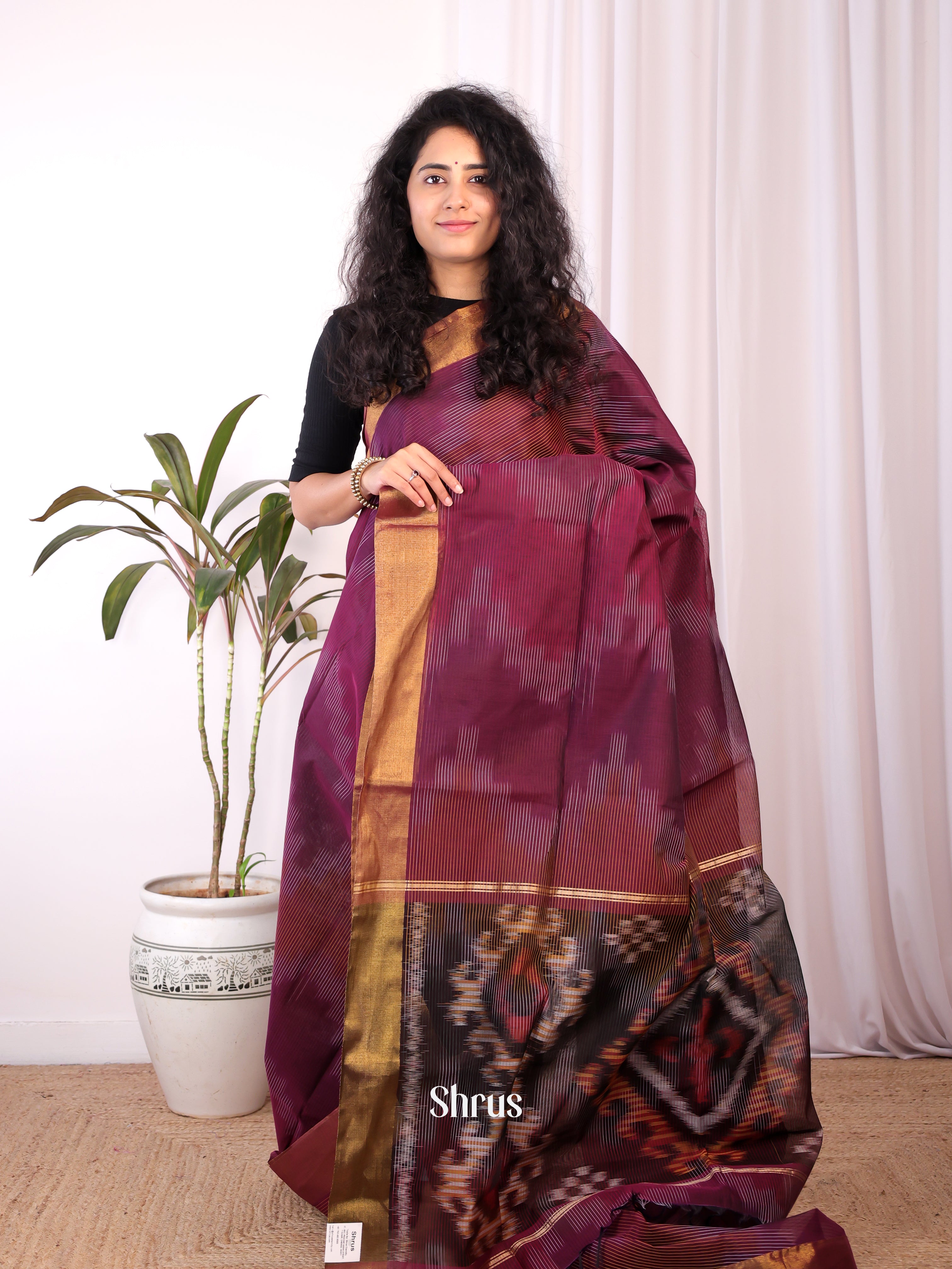 Purple & Maroon- Ikkat Kora Saree - Shop on Shrus.com