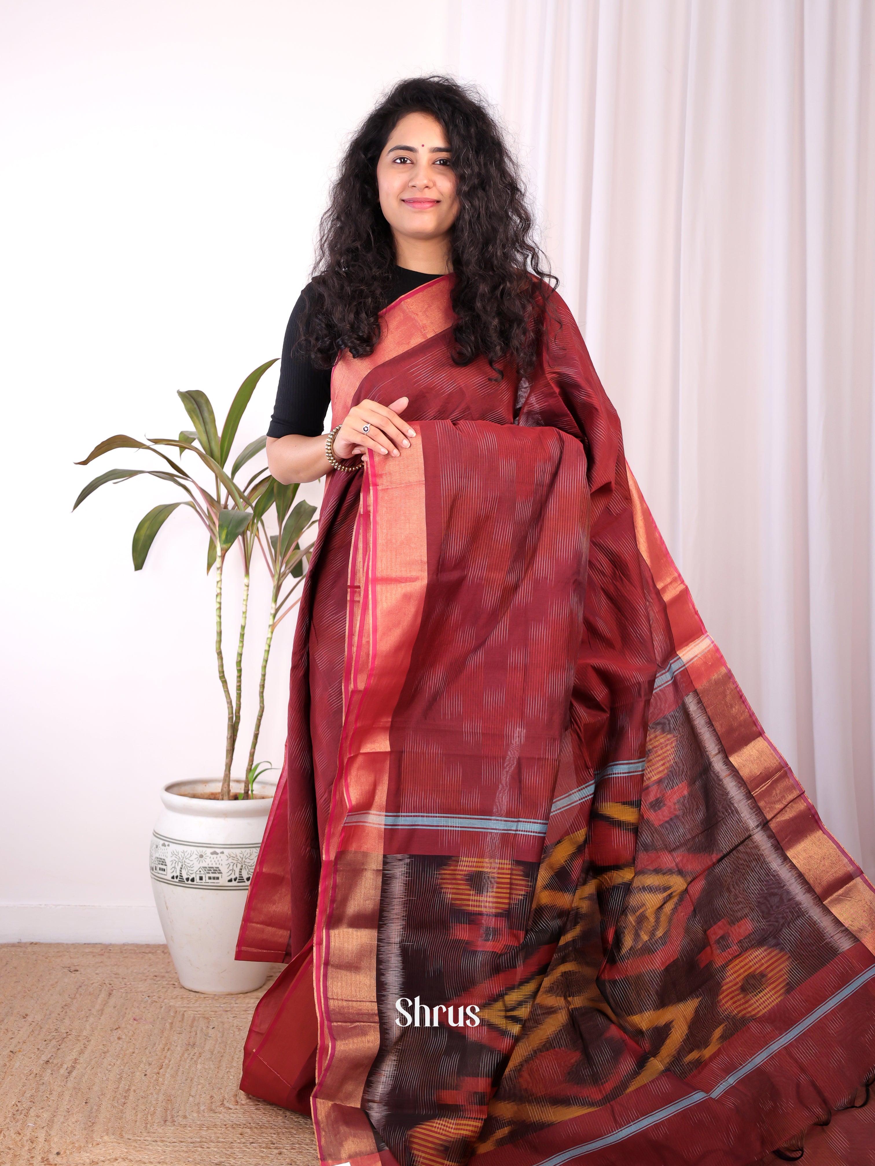 Maroon - Ikkat Kora Saree - Shop on Shrus.com