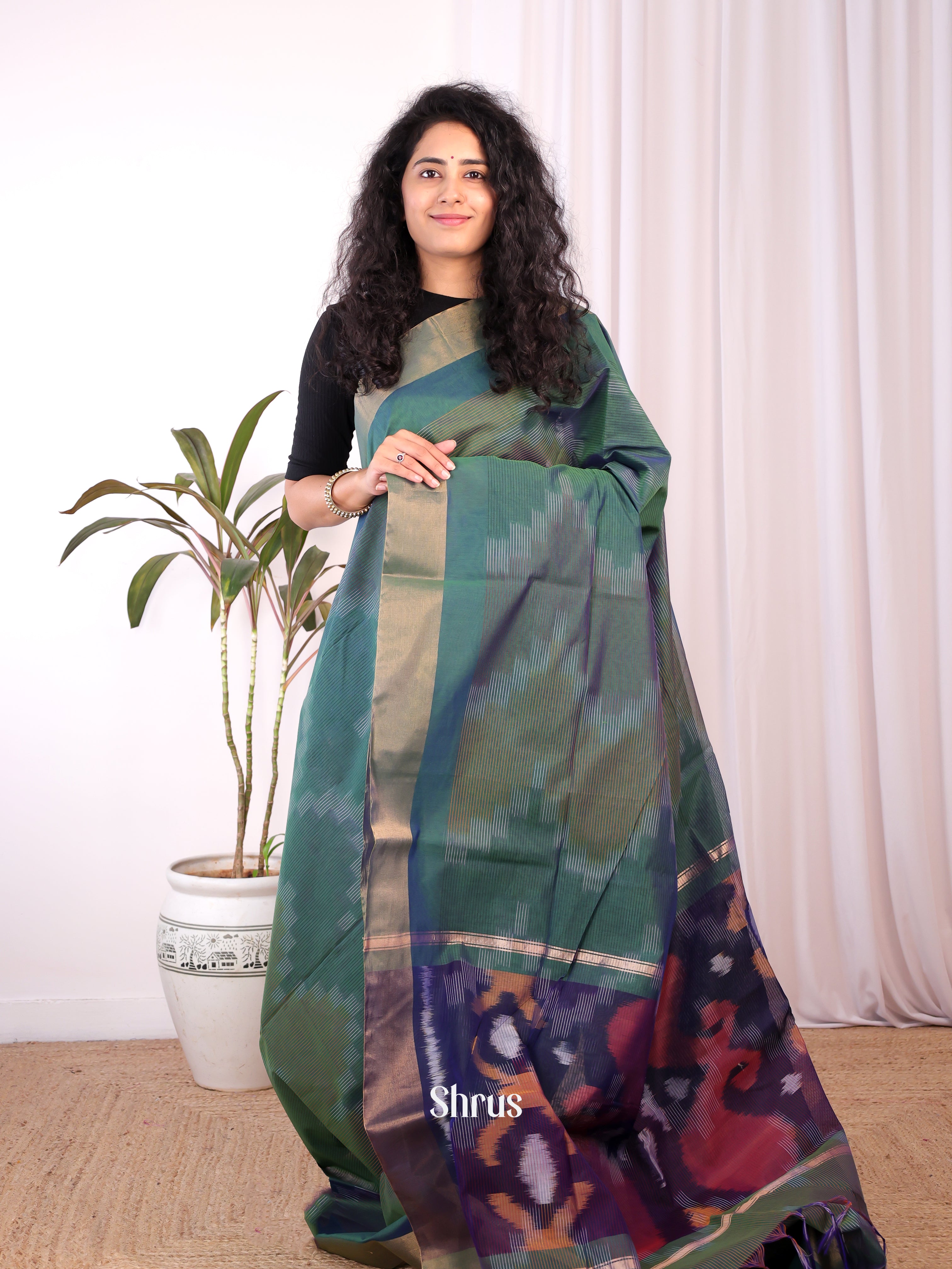 Green & Violet - Ikkat Kora Saree - Shop on Shrus.com