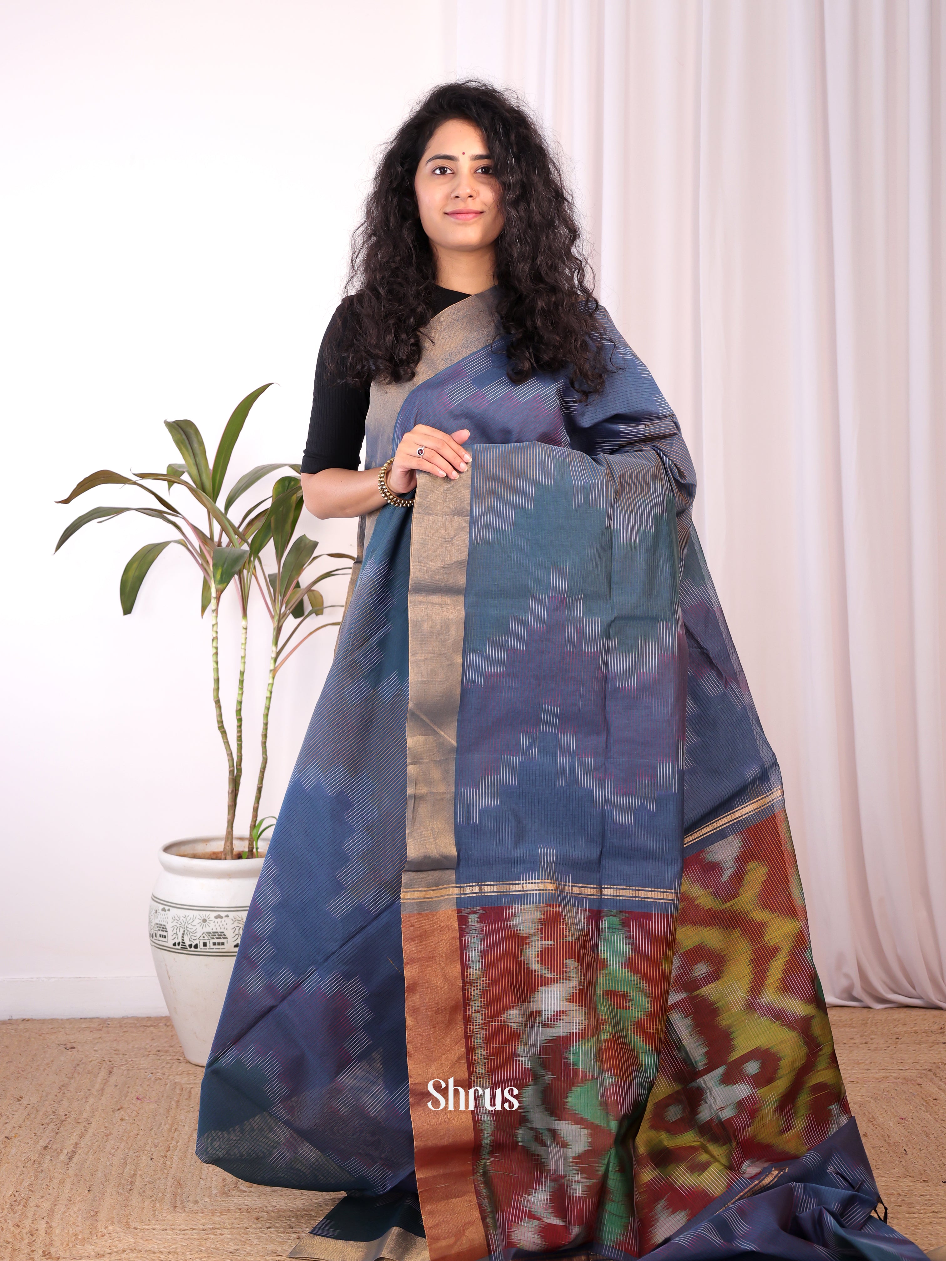 Blue & Brown - Ikkat Kora Saree - Shop on Shrus.com