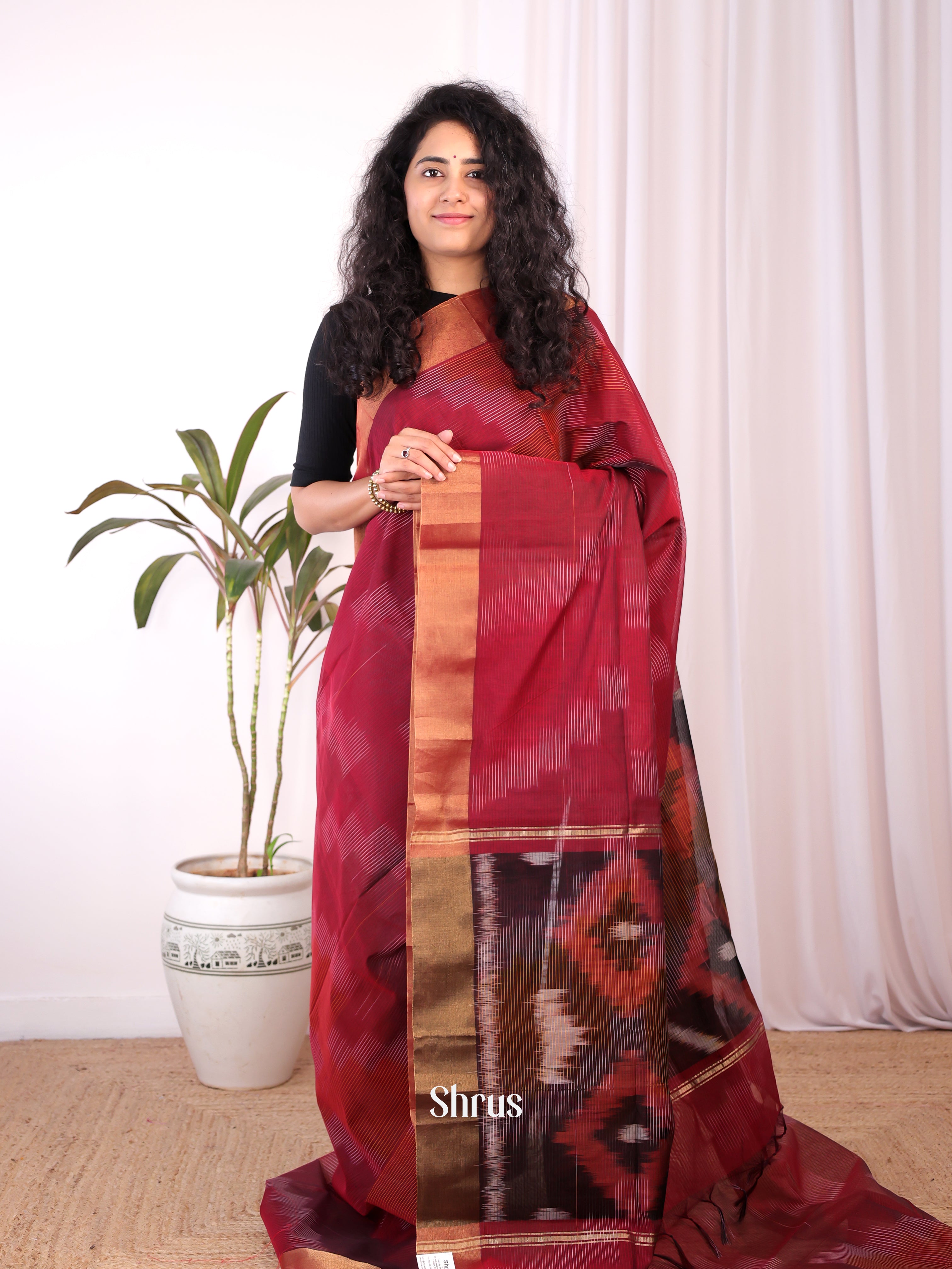 Maroon - Ikkat Kora Saree - Shop on Shrus.com
