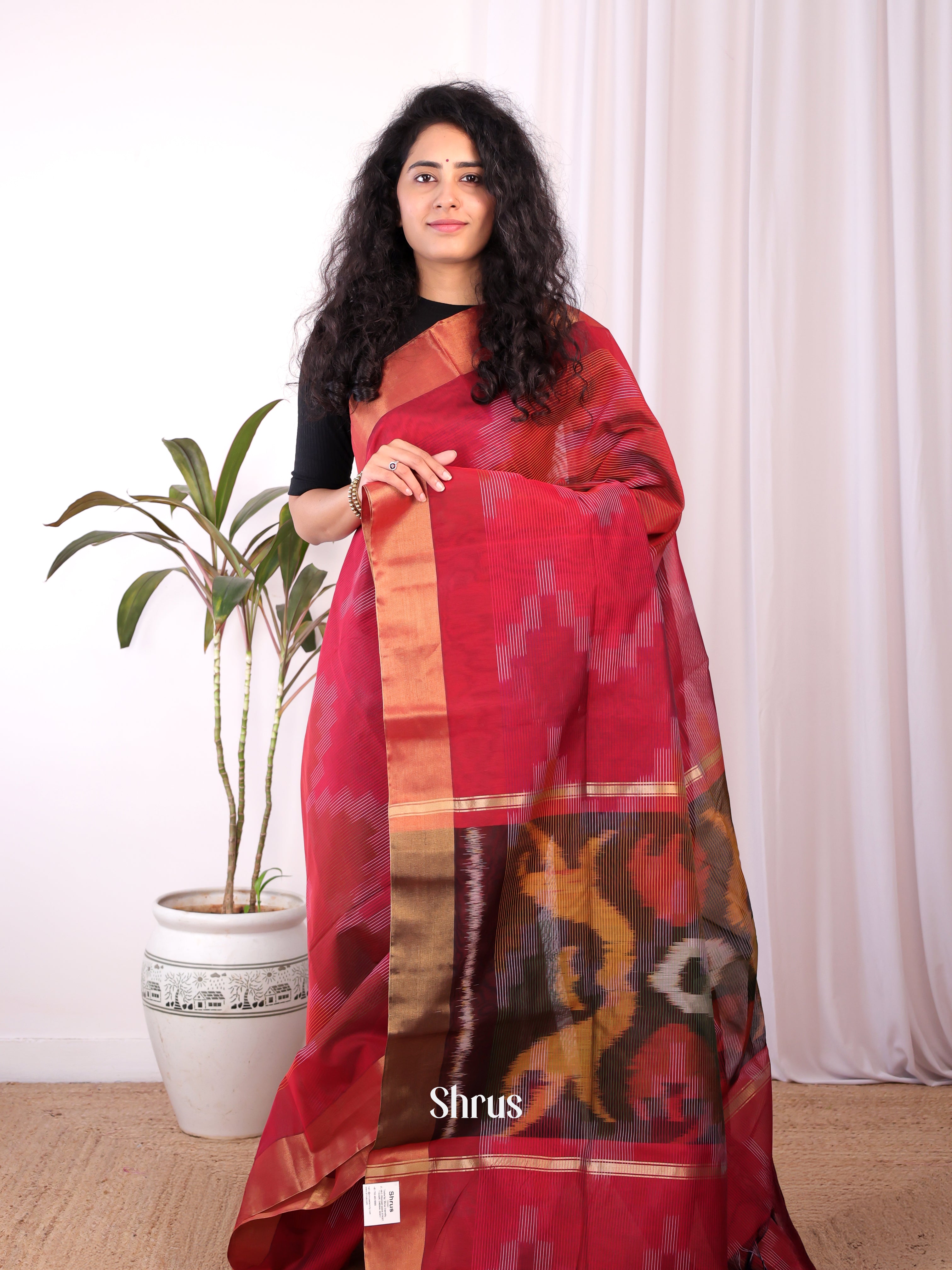 Maroon - Ikkat Kora Saree - Shop on Shrus.com