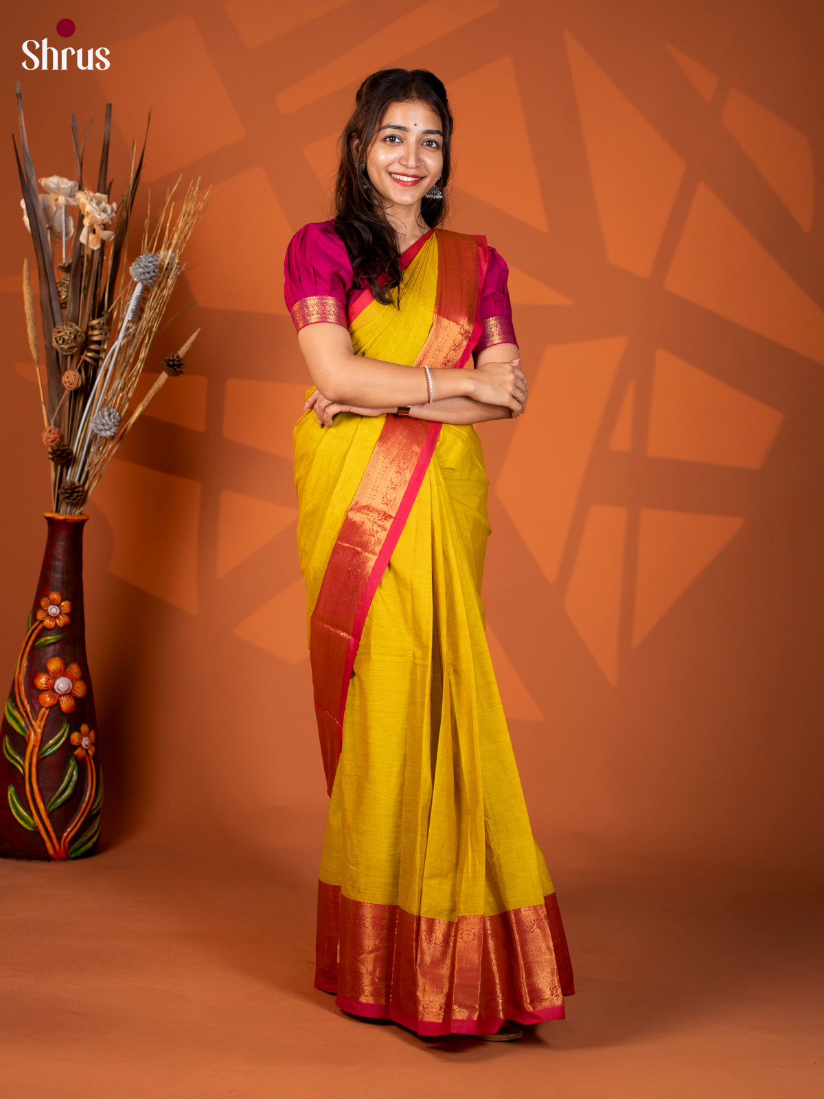 Lime Green with Red - Chettinad Cotton - Shop on Shrus.com