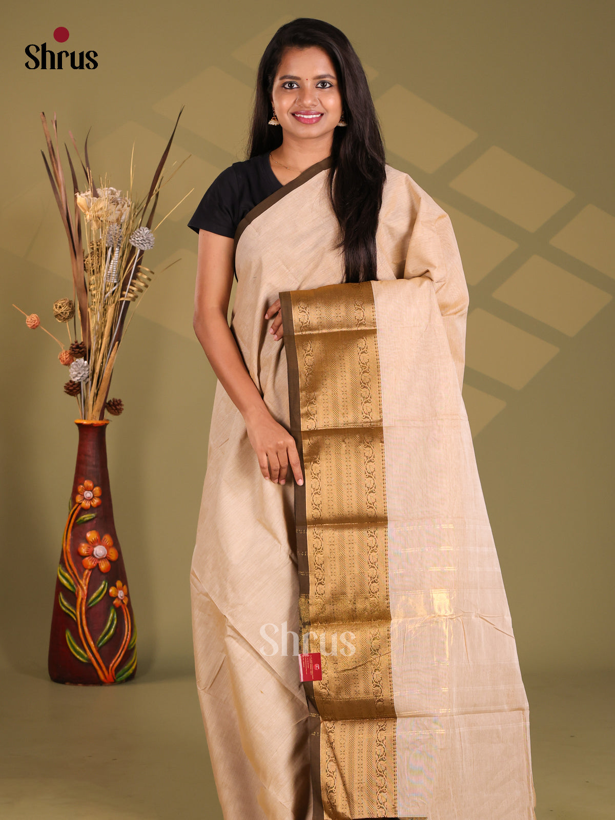 Beige & Brown - Chettinad Cotton Saree - Shop on Shrus.com
