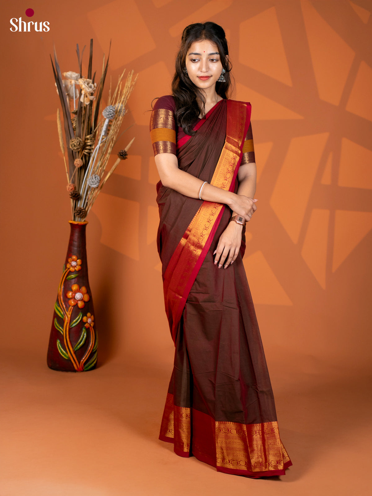 Brown with Red - Chettinad Cotton - Shop on Shrus.com