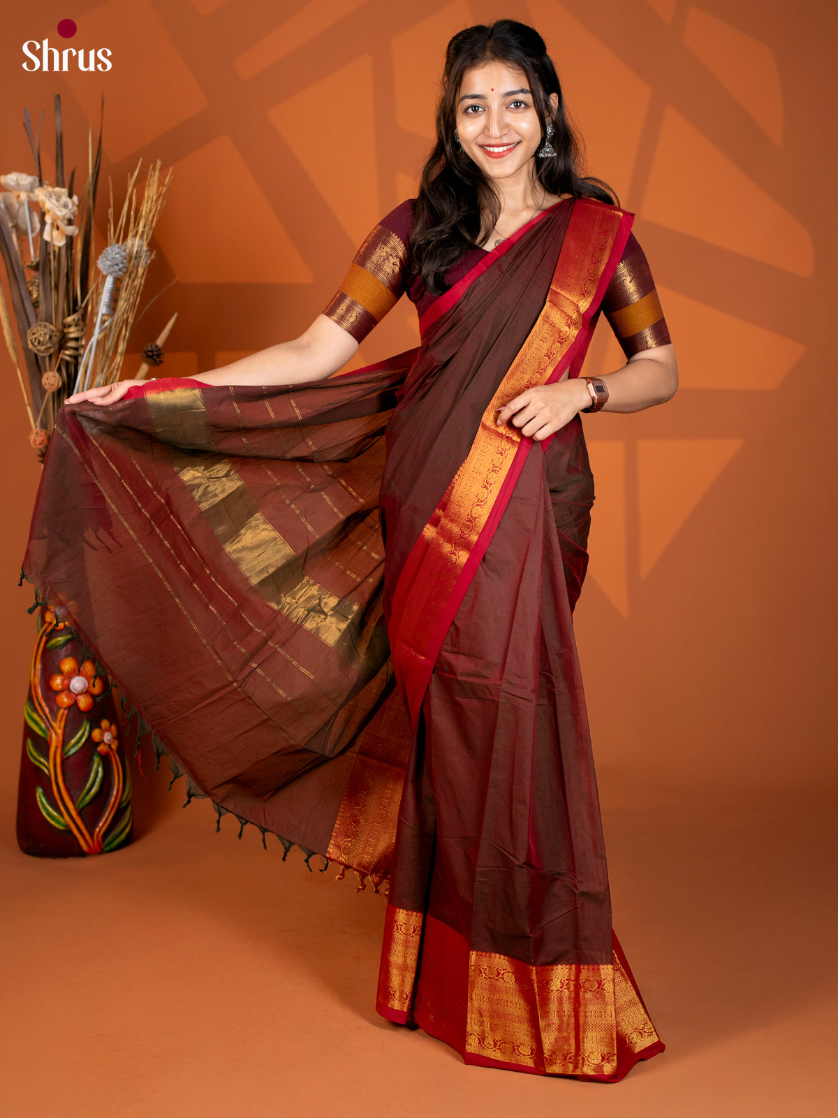Brown with Red - Chettinad Cotton - Shop on Shrus.com