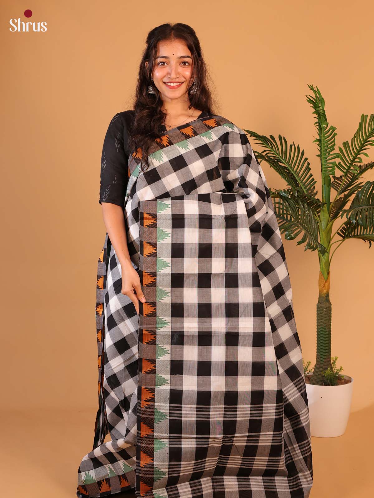 Black & Cream - Chettinad Cotton Saree - Shop on Shrus.com