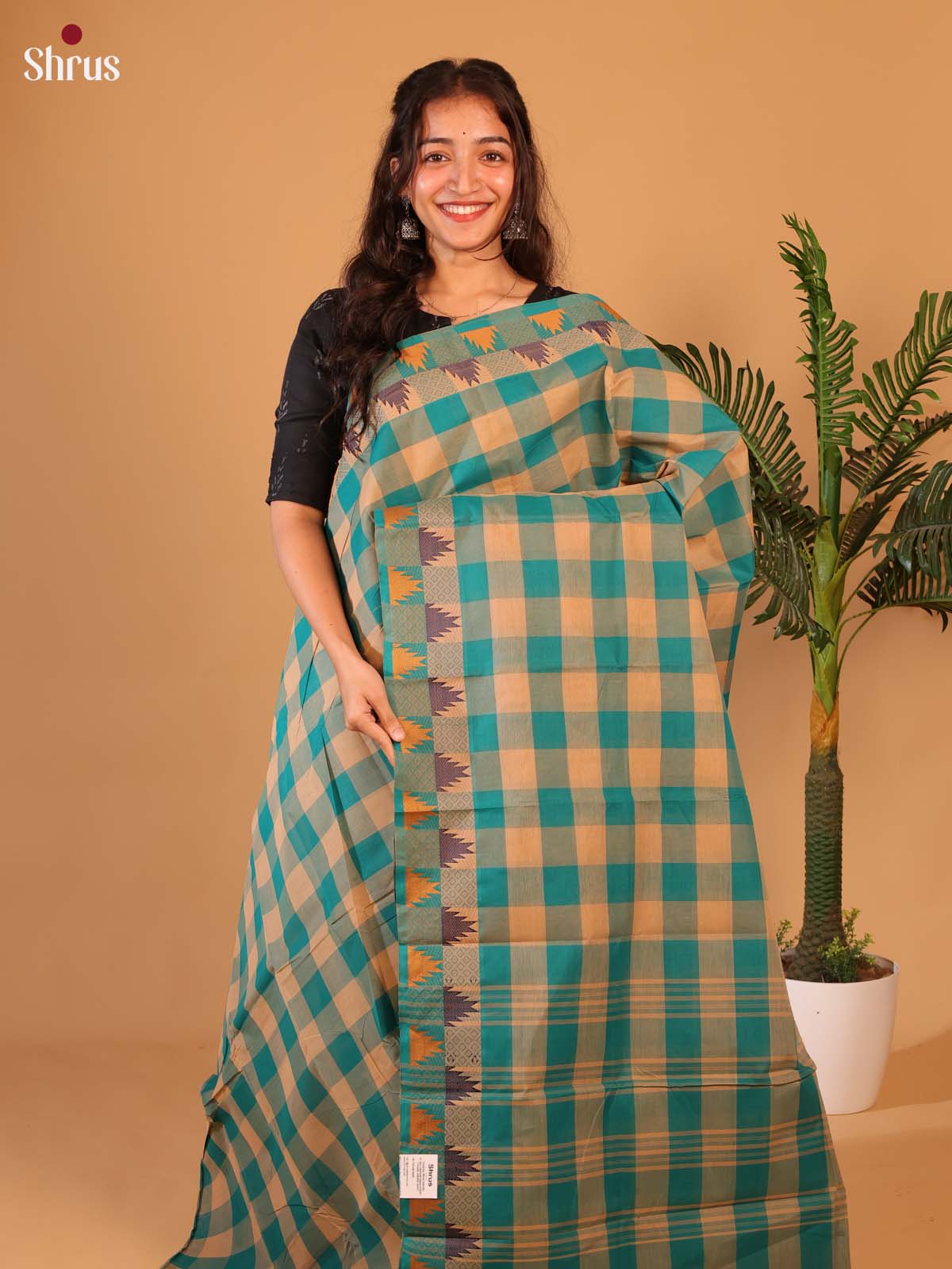 Cream & Blue - Chettinad Cotton Saree - Shop on Shrus.com