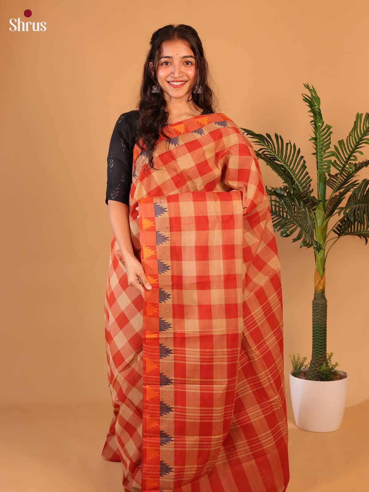 Red & Beige - Chettinad Cotton Saree - Shop on Shrus.com