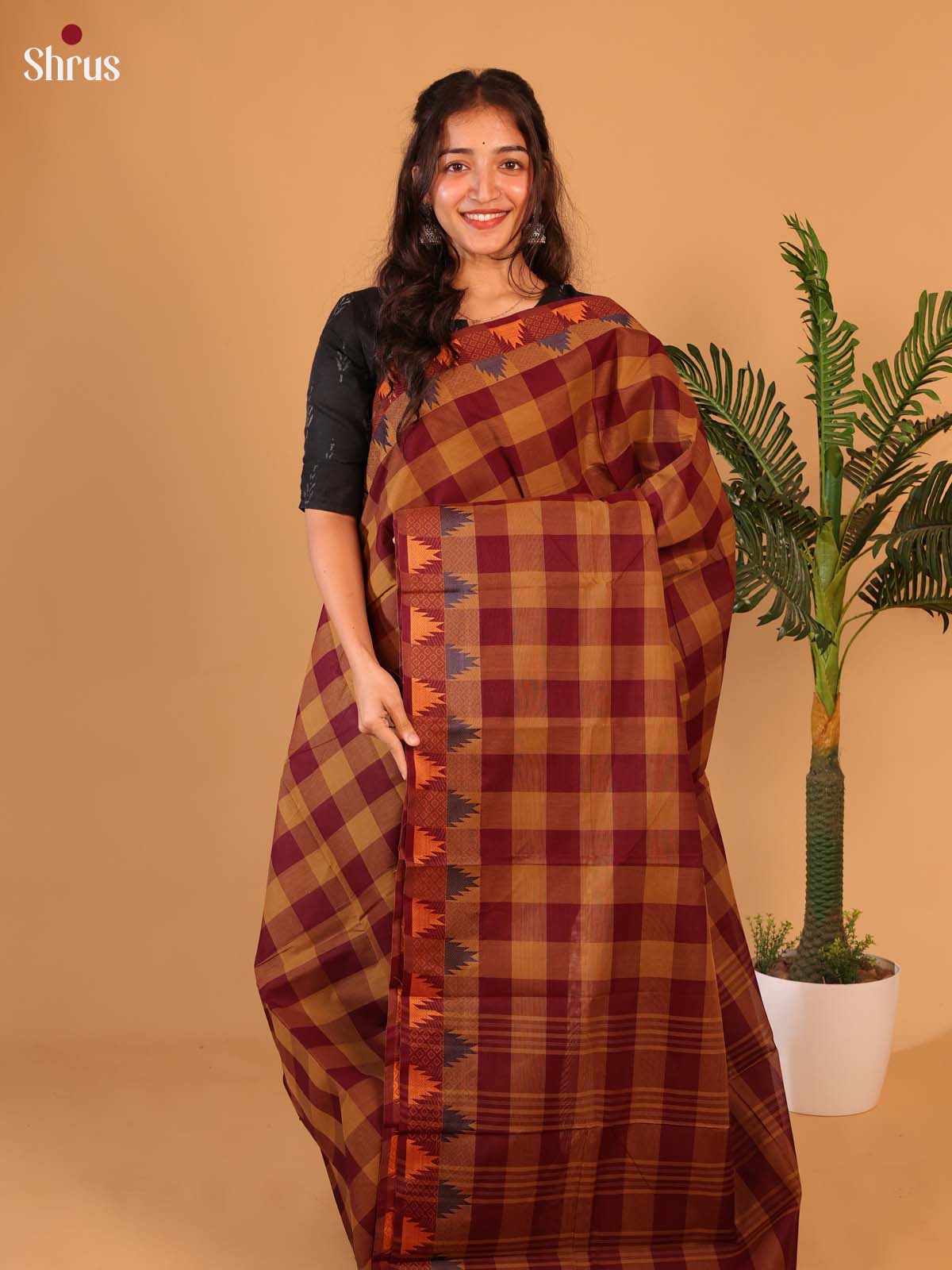 Maroon & Brown - Chettinad Cotton Saree - Shop on Shrus.com