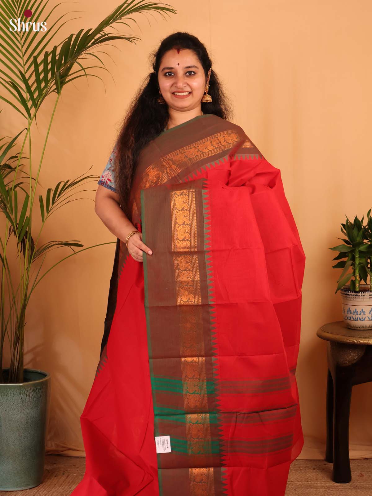 Tomato Red & Double Shaded Brown - Chettinad Cotton Saree - Shop on Shrus.com