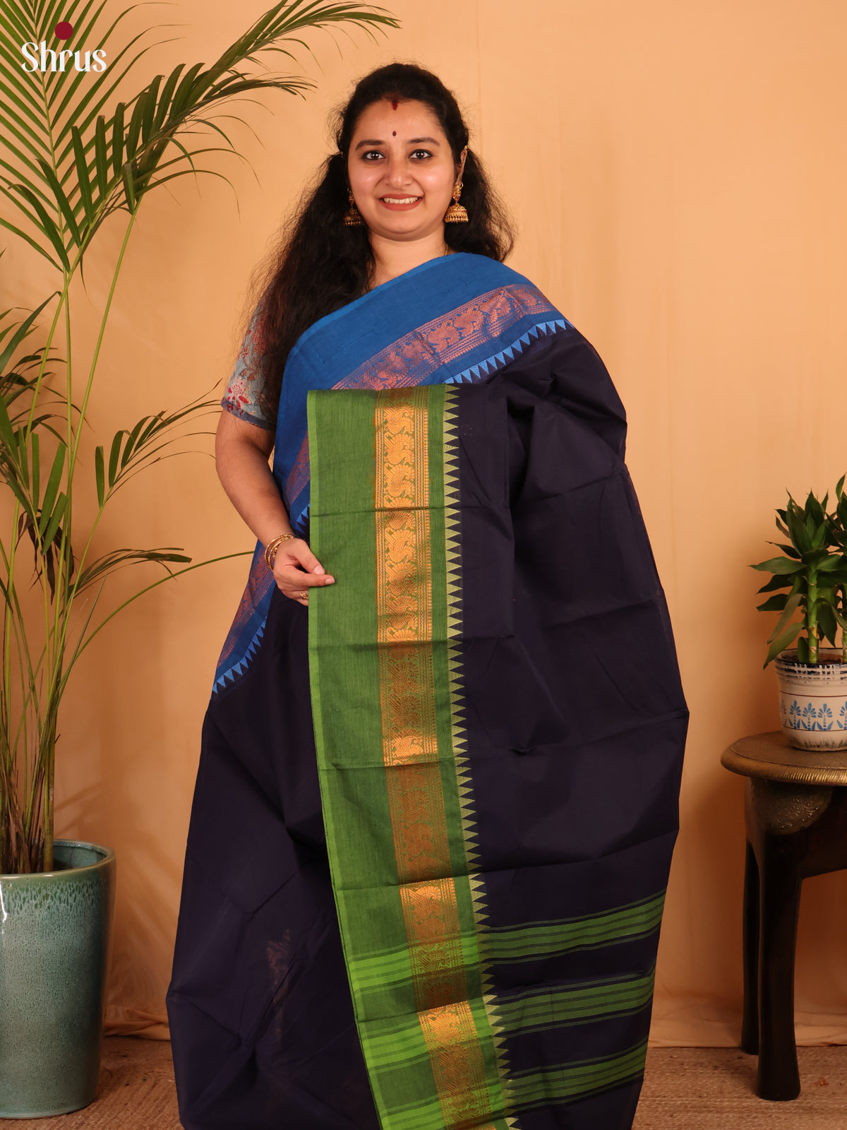 Navy Blue & Green- Chettinad Cotton Saree - Shop on Shrus.com