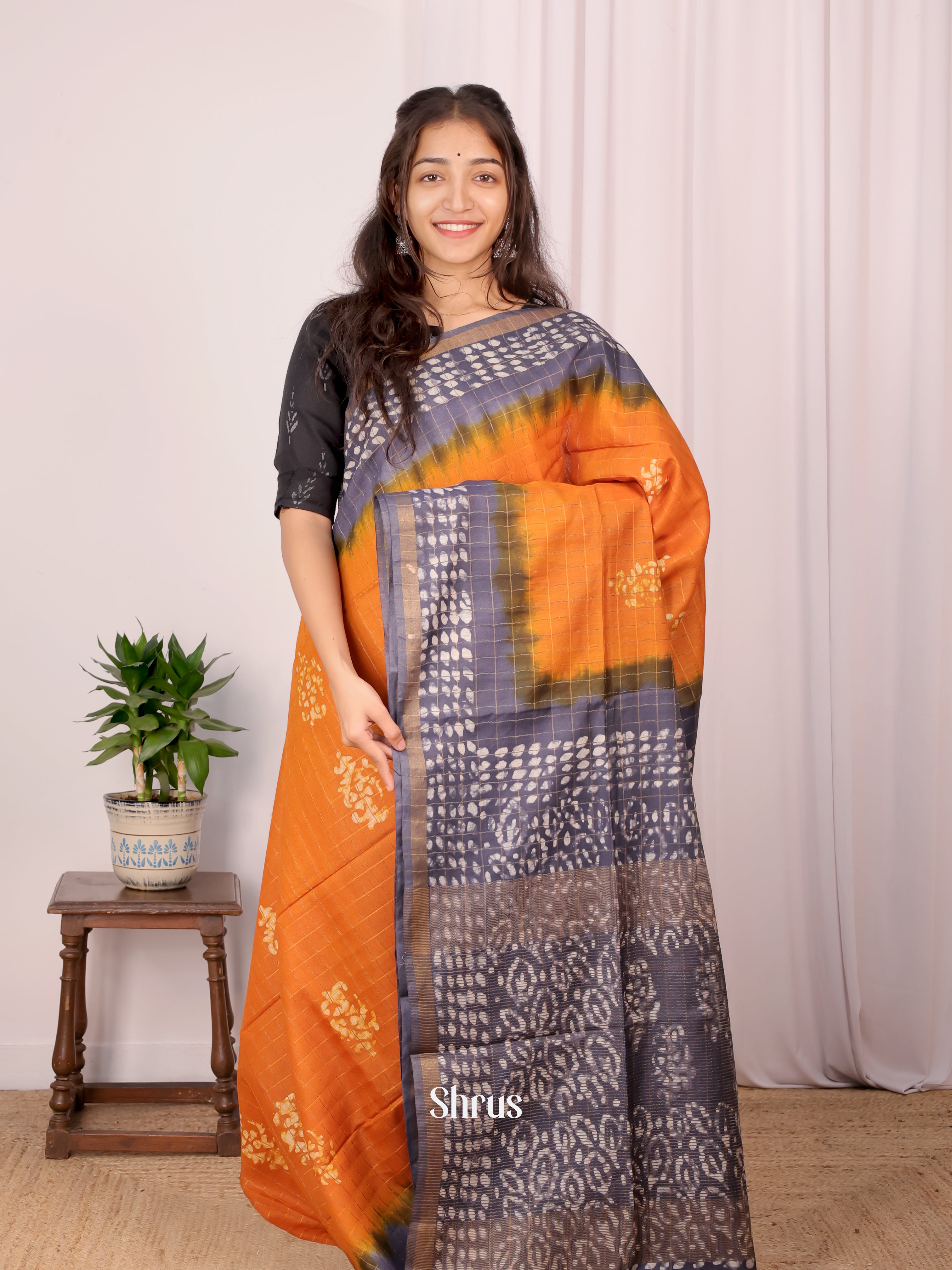 Orange & Grey - Bhatik Saree - Shop on Shrus.com