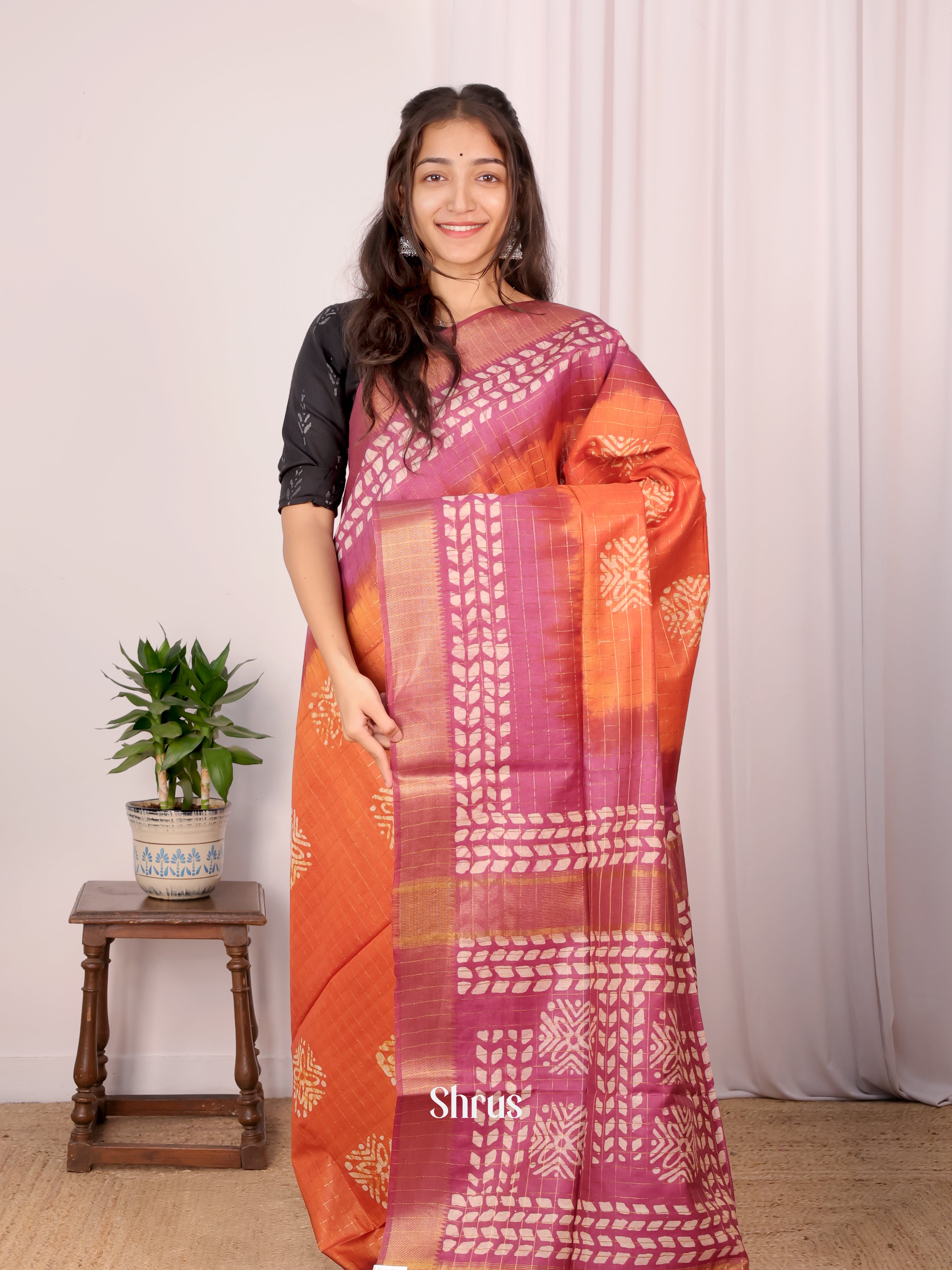 Orange & Pink - Bhatik Saree - Shop on Shrus.com