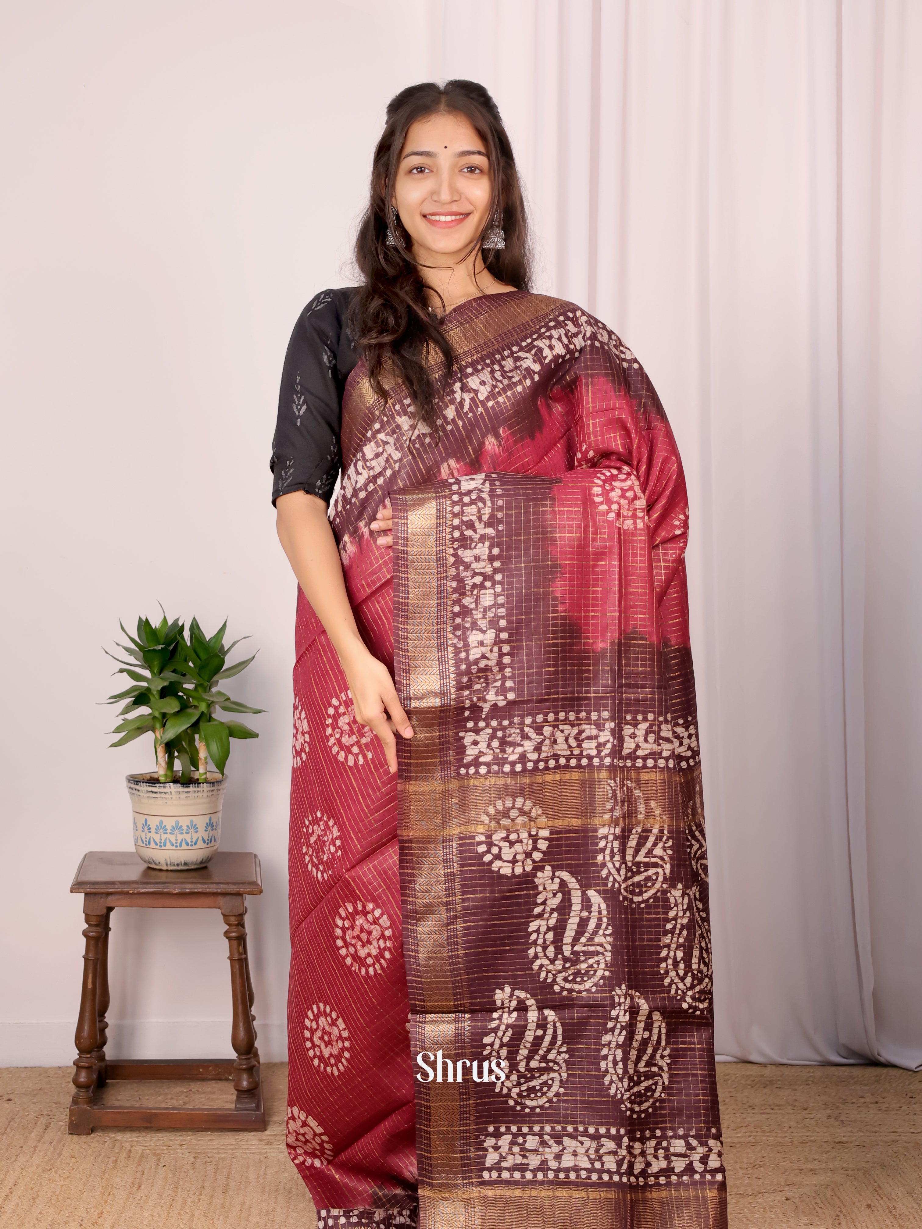 Maroon & Brown - Bhatik Saree - Shop on Shrus.com