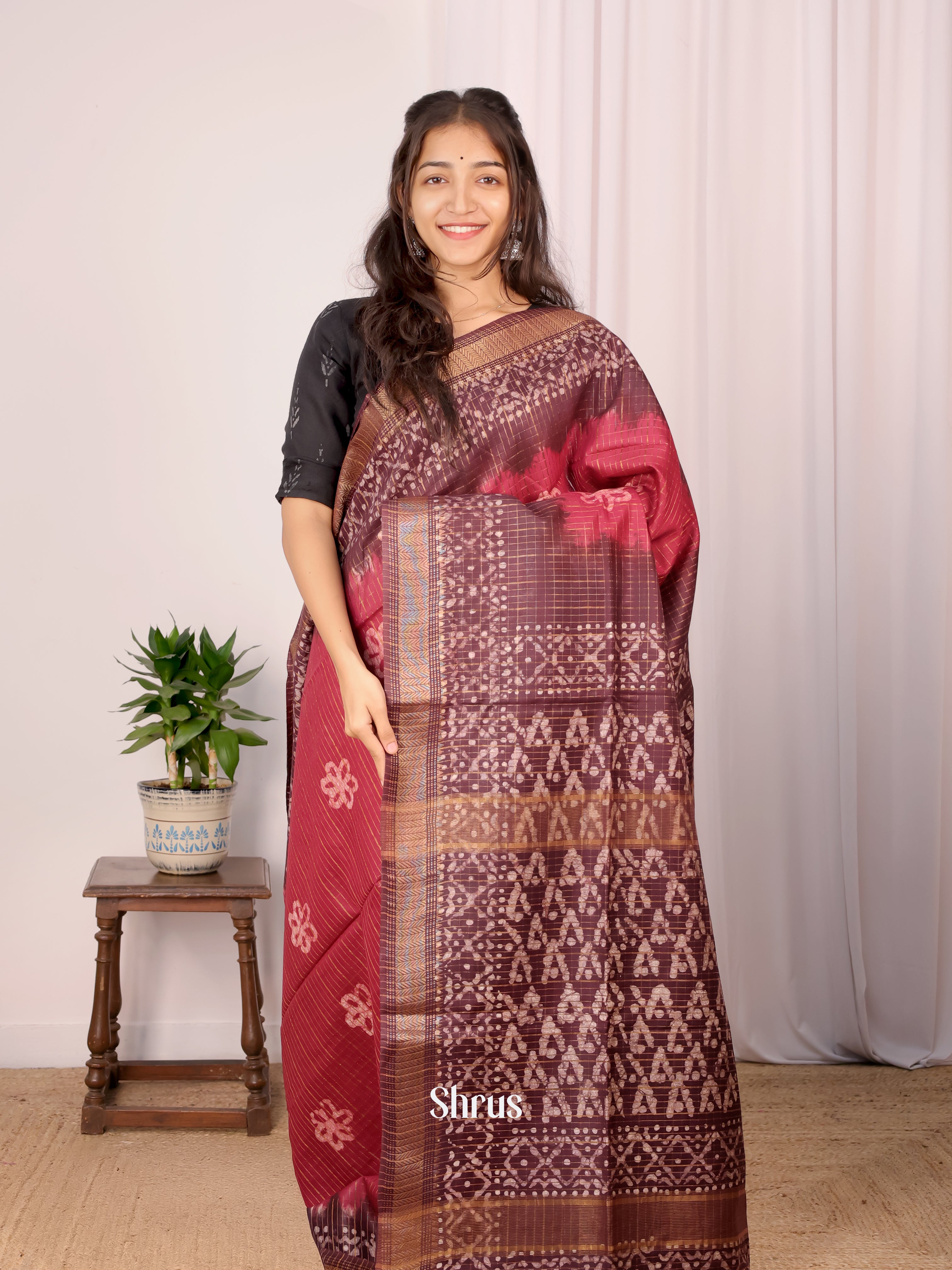 Maroon & Brown - Bhatik Saree - Shop on Shrus.com